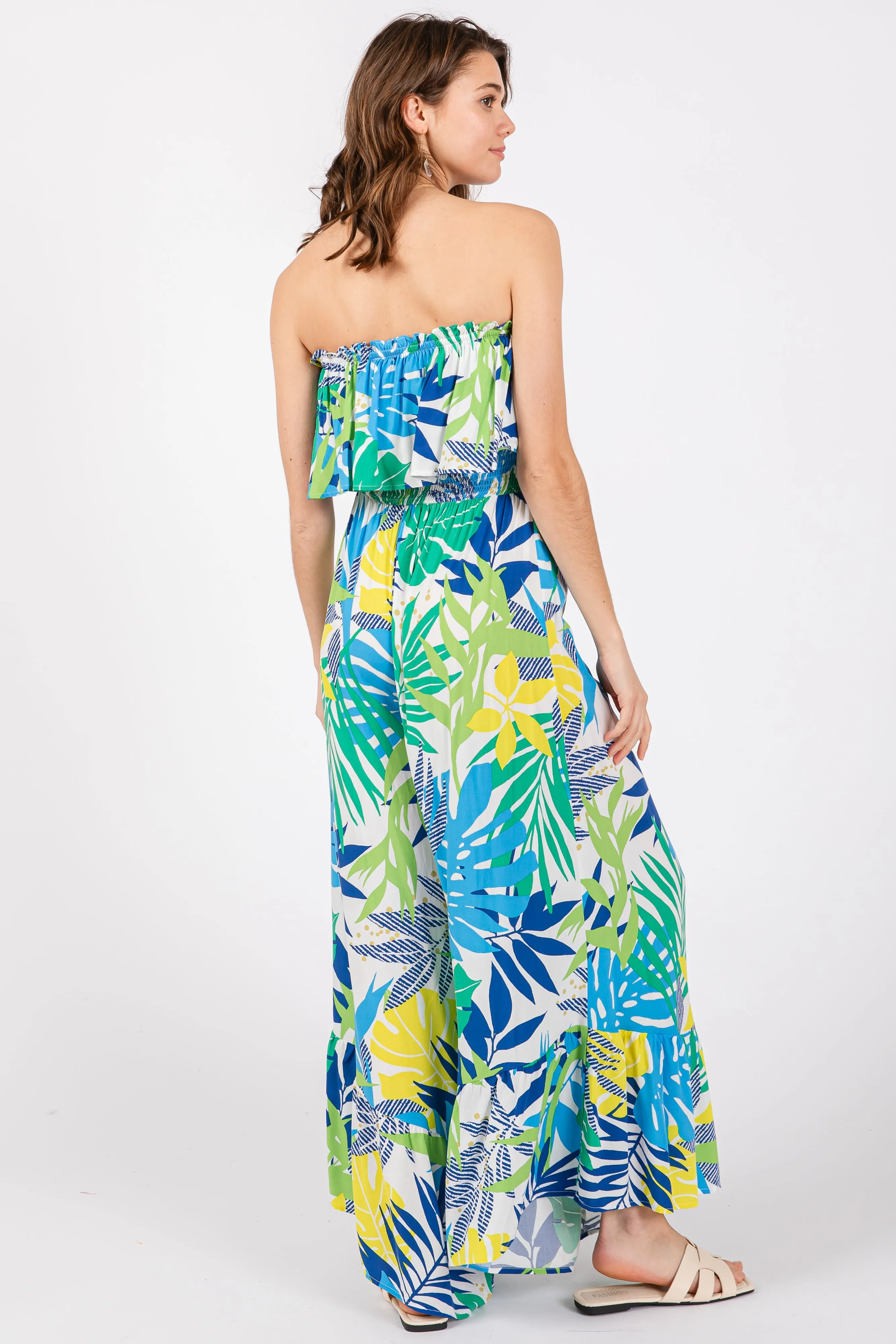 Multi-Color Palm Strapless Ruffle Wide Leg Jumpsuit sold by Pinkblush product image thumbnail 3