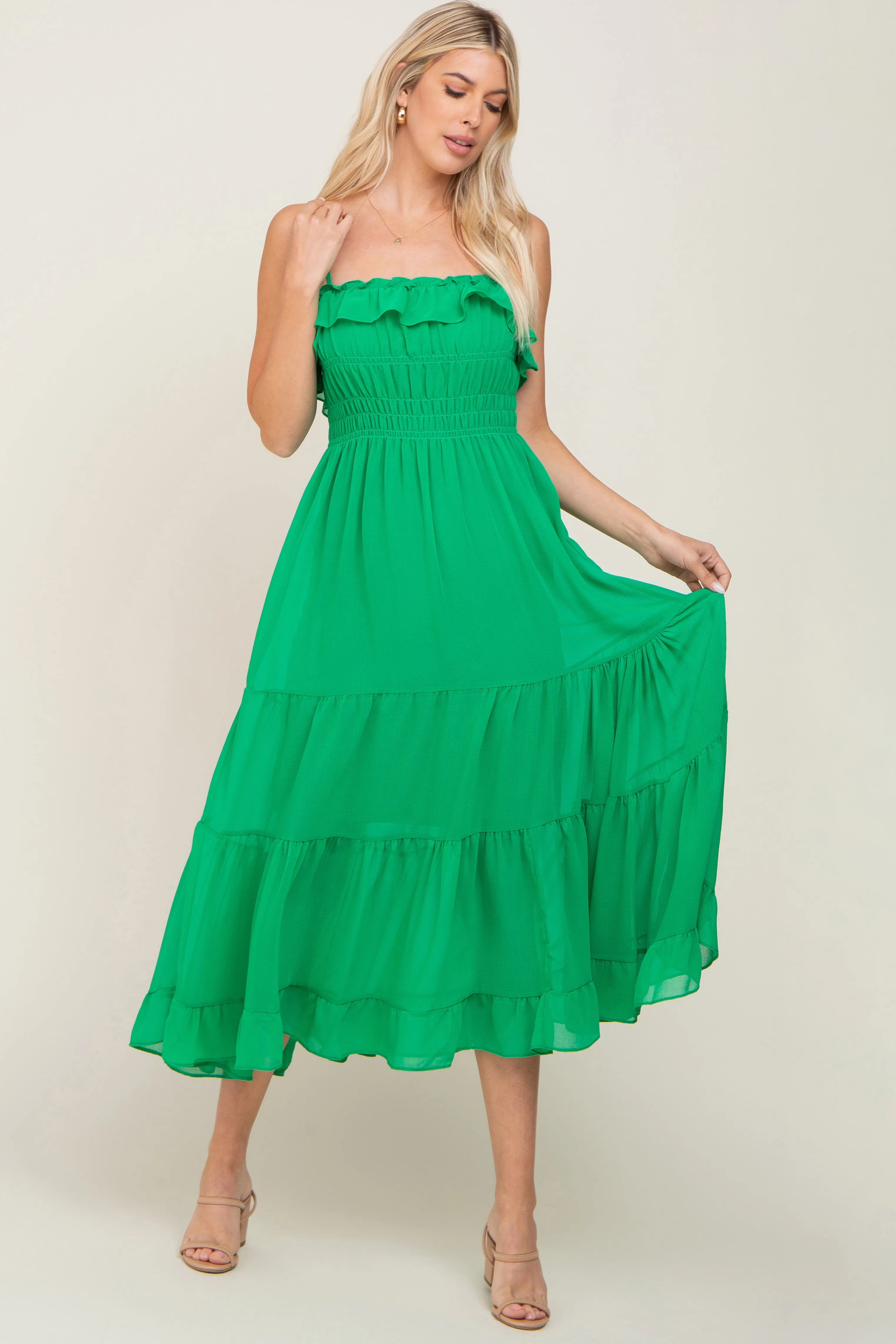 Green Shirred Ruffle Maternity Midi Dress sold by Pinkblush product image thumbnail 4