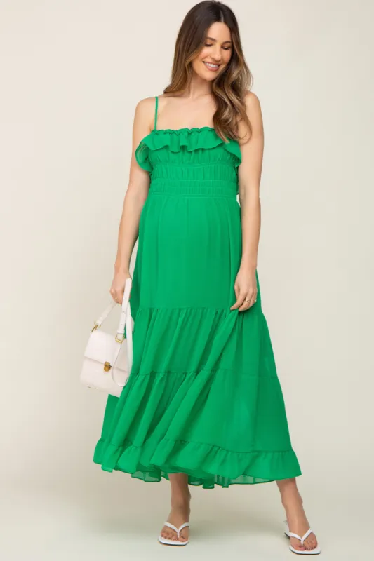 Green Shirred Ruffle Maternity Midi Dress sold by Pinkblush