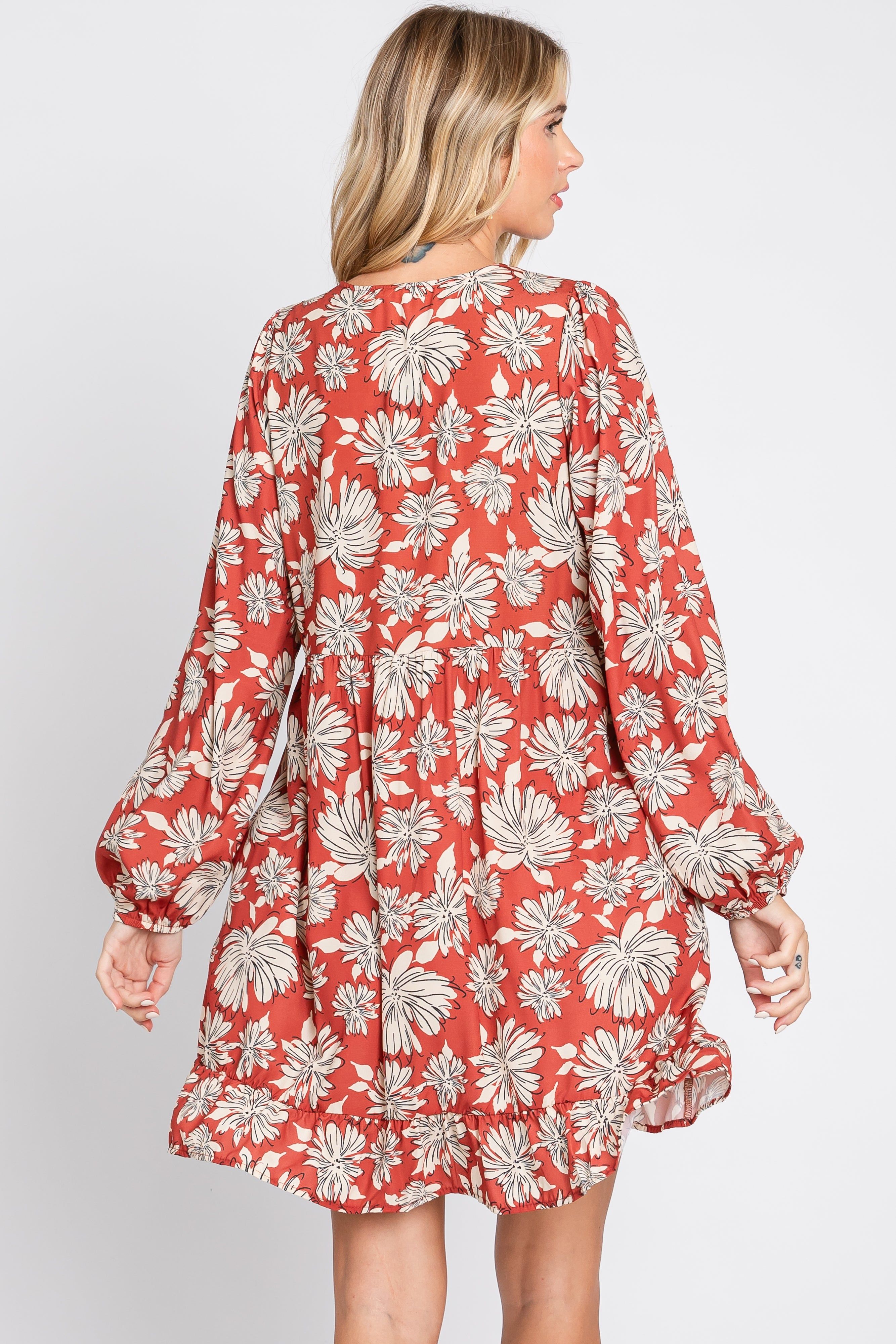 Rust Floral V-Neck Long Sleeve Dress sold by Pinkblush product image thumbnail 4