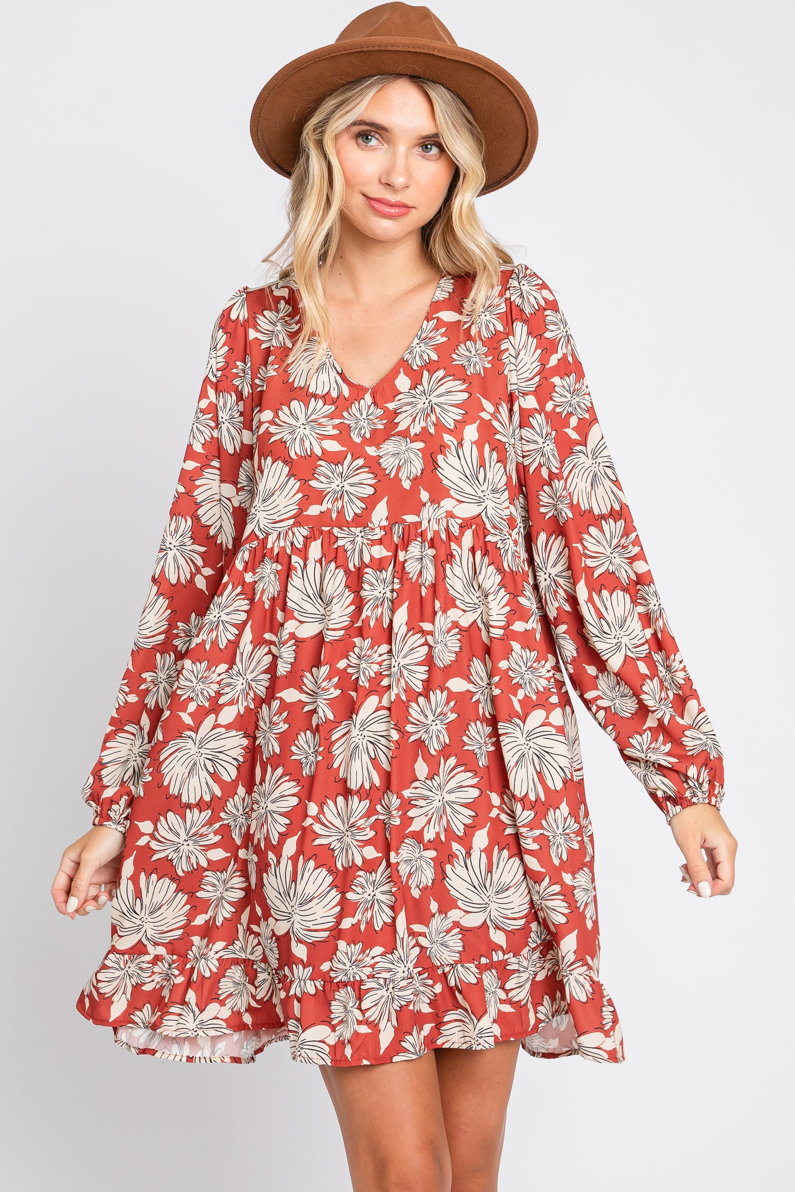 Rust Floral V-Neck Long Sleeve Dress sold by Pinkblush