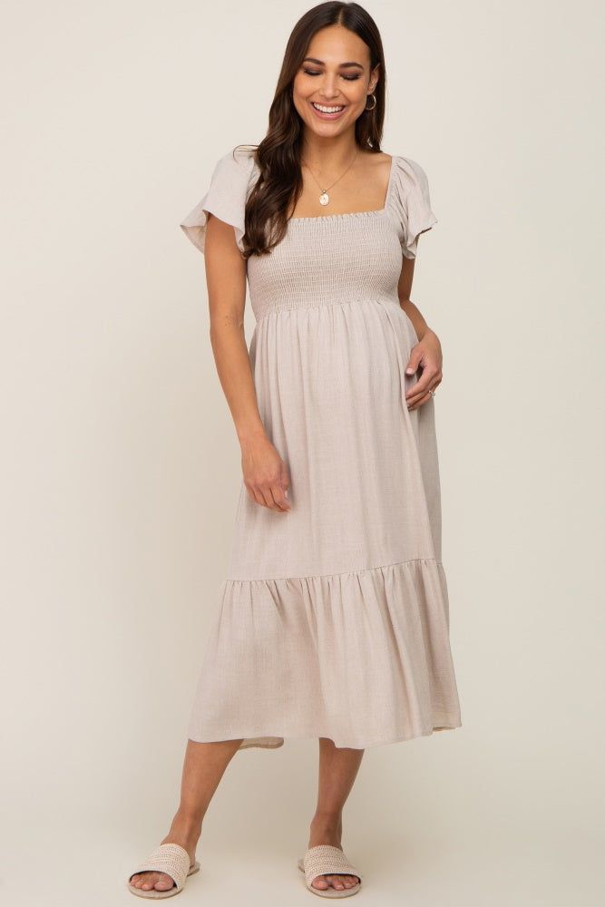 Beige Smocked Ruffle Hem Maternity Midi Dress sold by Pinkblush product image thumbnail 4