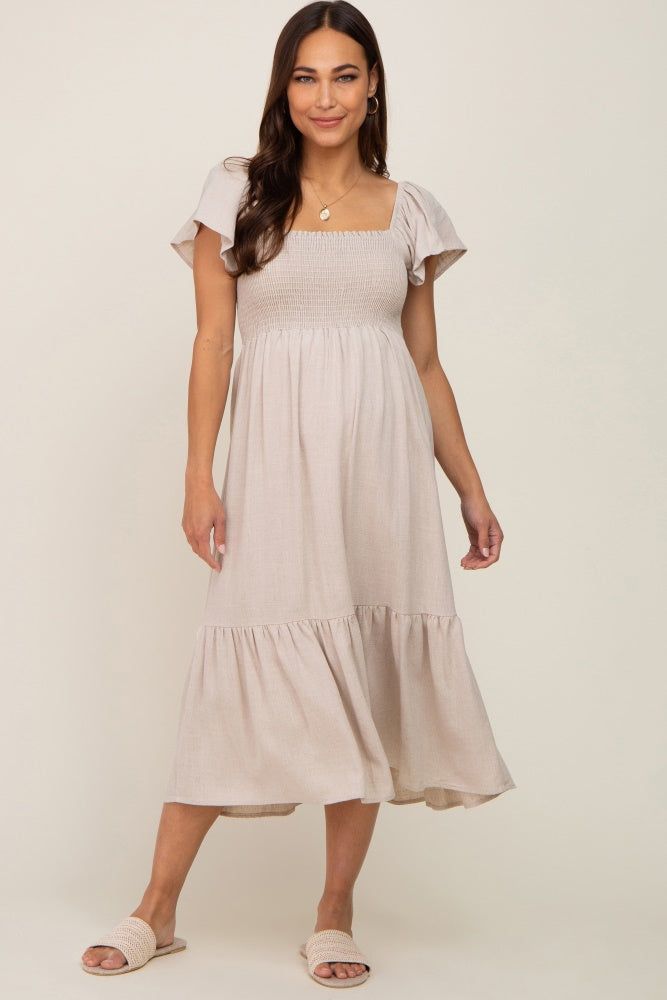 Beige Smocked Ruffle Hem Maternity Midi Dress sold by Pinkblush