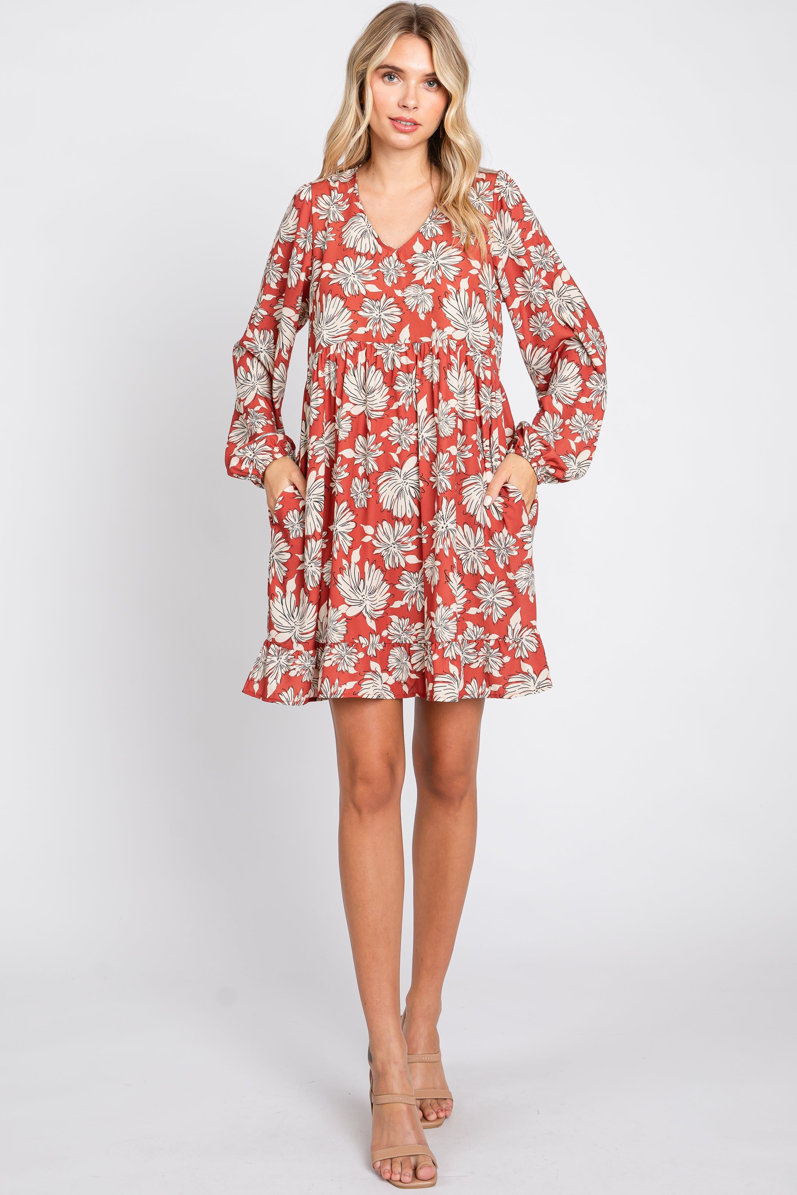 Rust Floral V-Neck Long Sleeve Dress sold by Pinkblush product image thumbnail 5