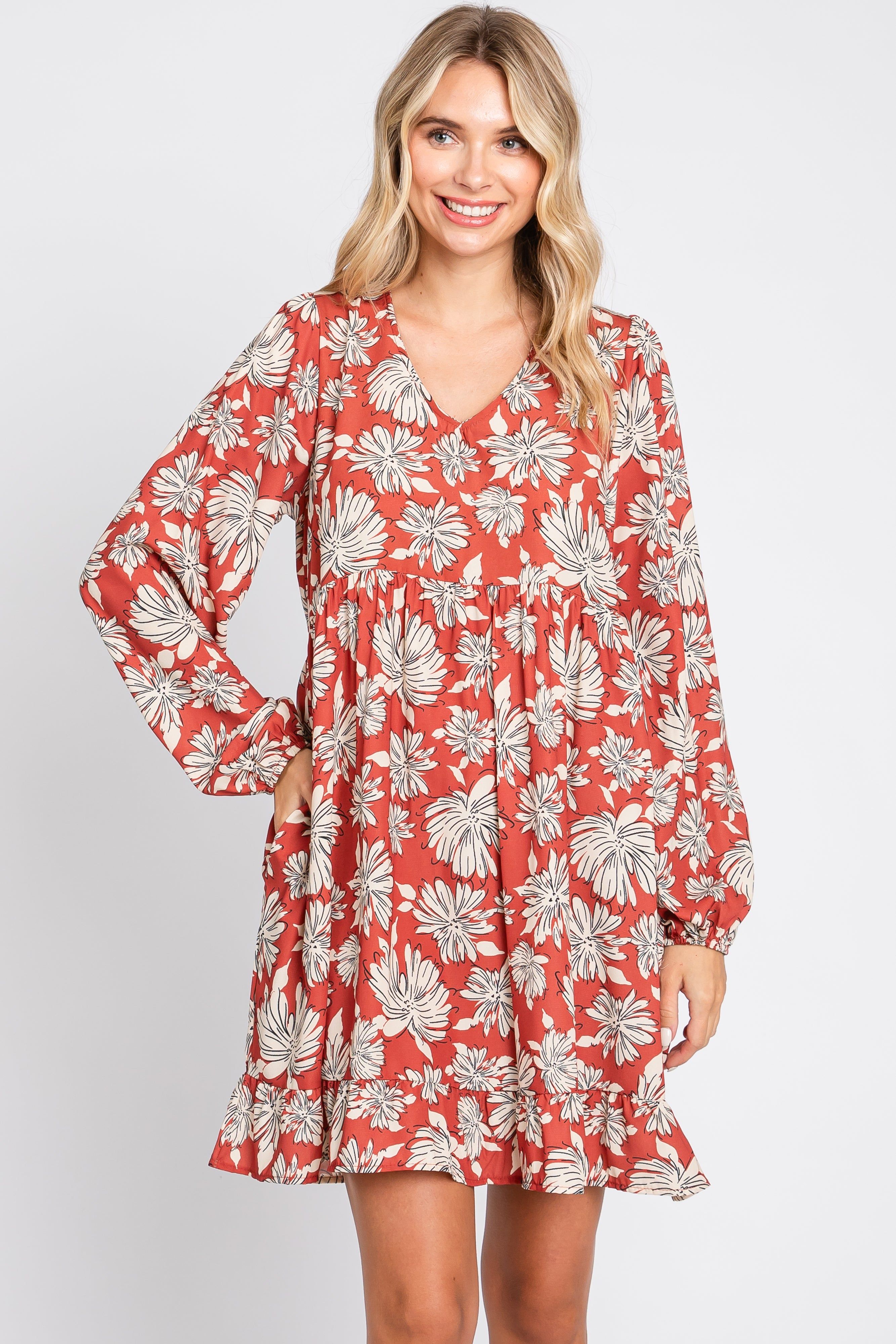 Rust Floral V-Neck Long Sleeve Dress sold by Pinkblush product image thumbnail 2