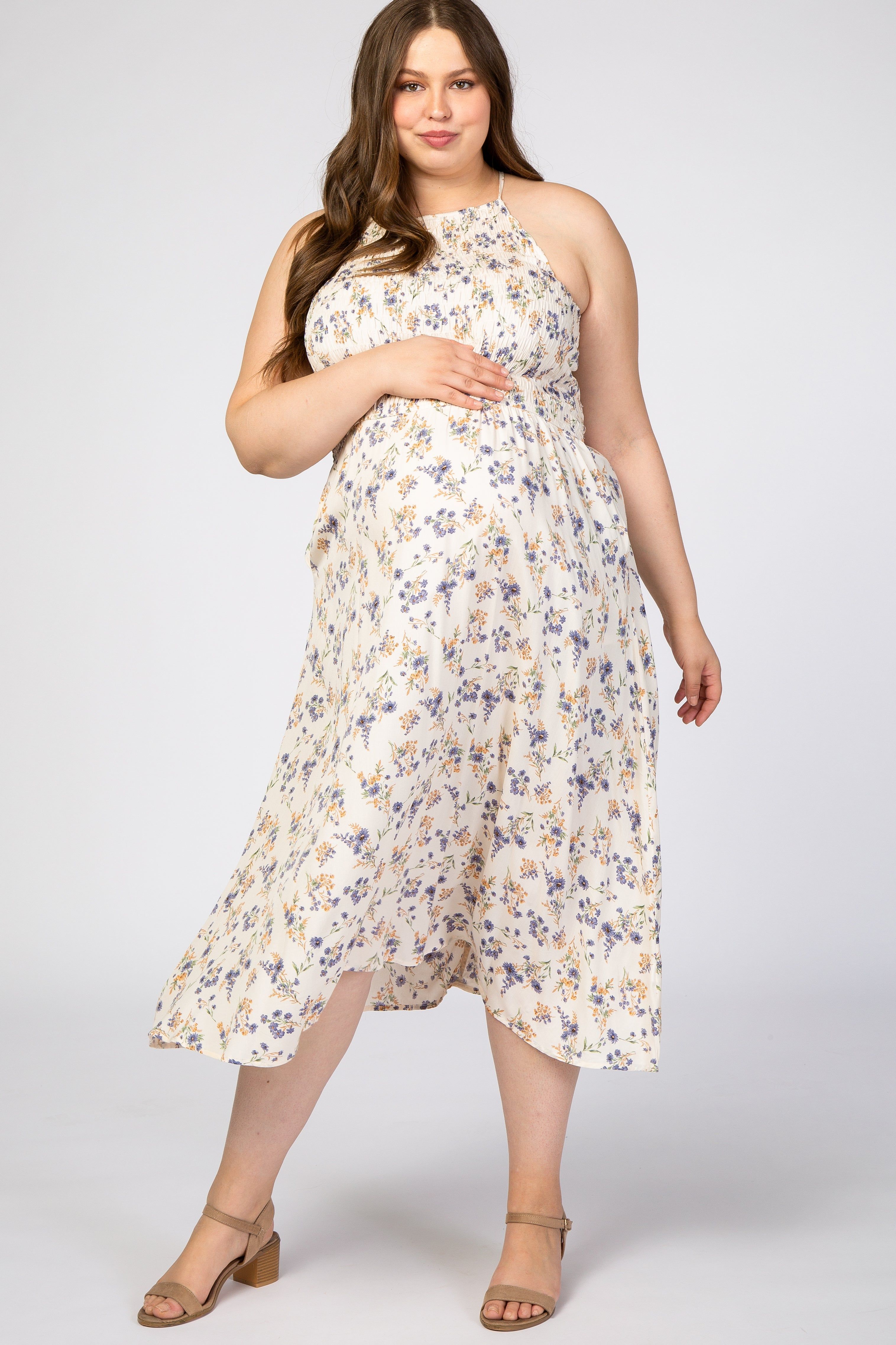 Cream Floral Halter Neck Maternity Plus Maxi Dress sold by Pinkblush