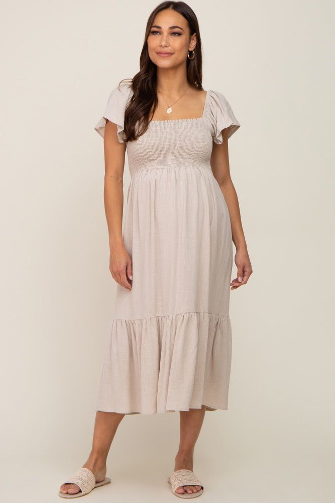Beige Smocked Ruffle Hem Maternity Midi Dress sold by Pinkblush product image thumbnail 5