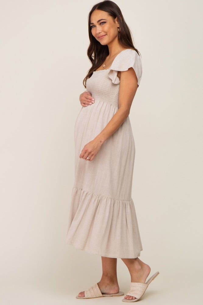 Beige Smocked Ruffle Hem Maternity Midi Dress sold by Pinkblush product image thumbnail 2