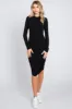 Black Ribbed Mock Neck Ruched Long Sleeve Dress sold by Pinkblush