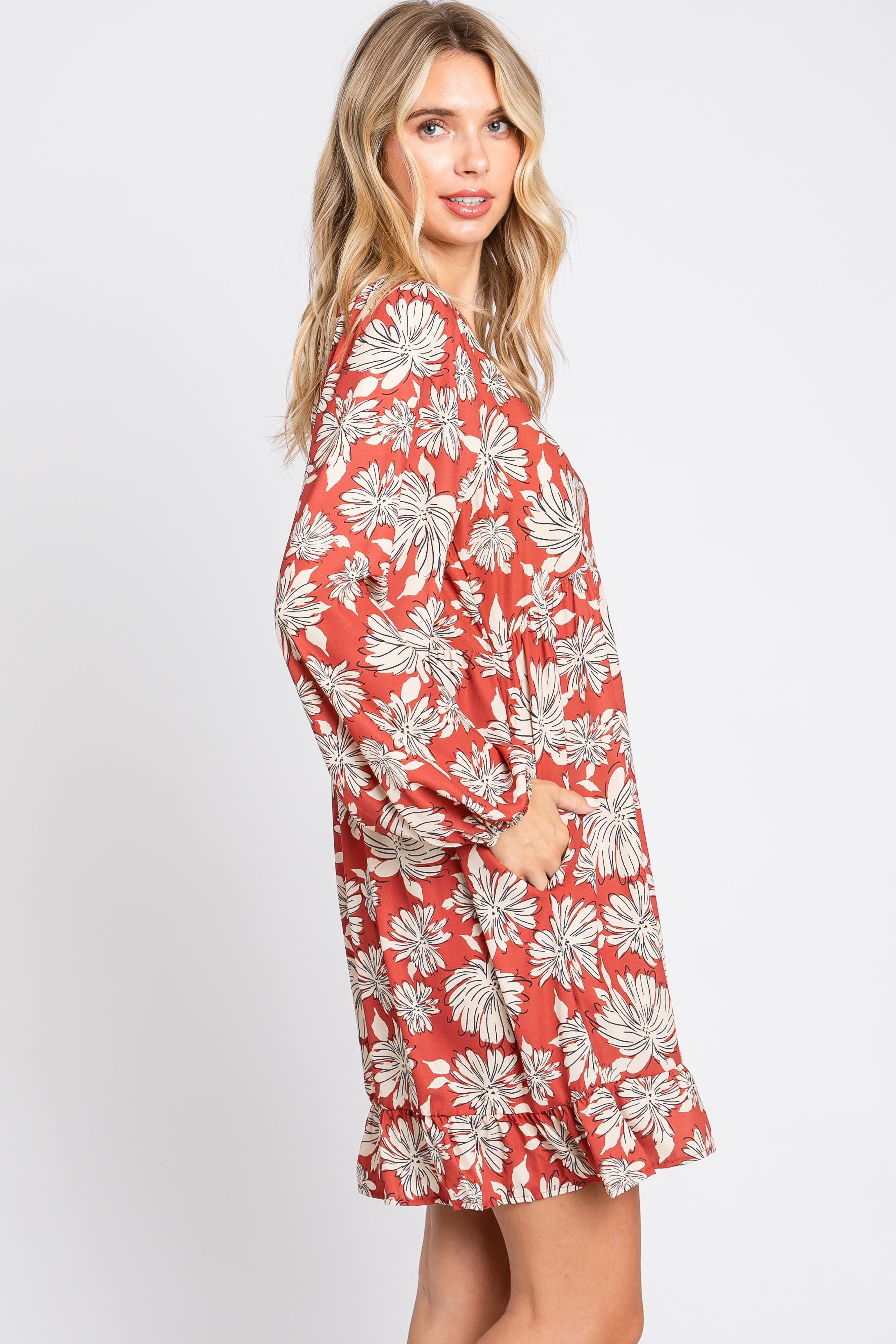 Rust Floral V-Neck Long Sleeve Dress sold by Pinkblush product image thumbnail 3
