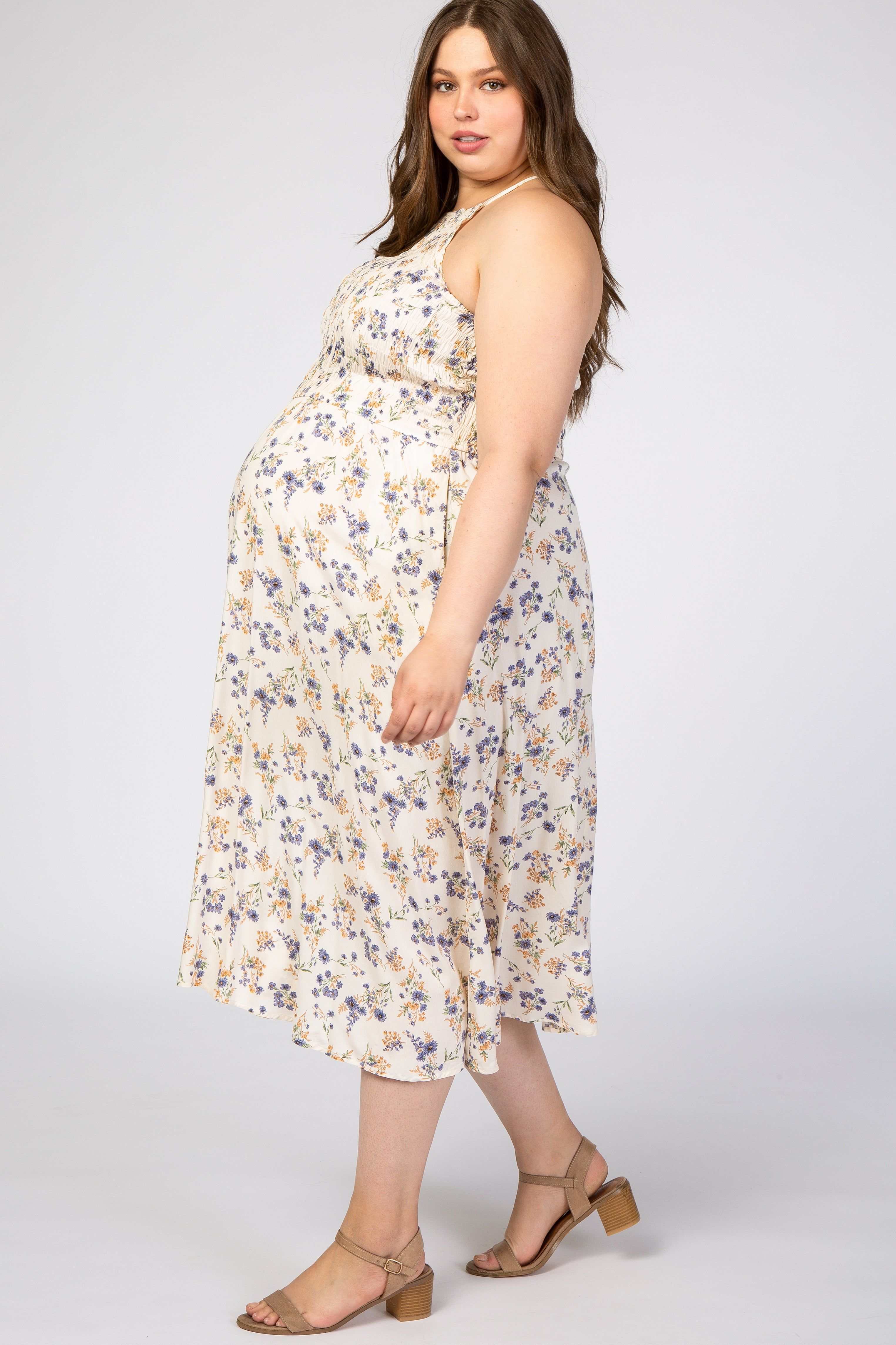 Cream Floral Halter Neck Maternity Plus Maxi Dress sold by Pinkblush product image thumbnail 2