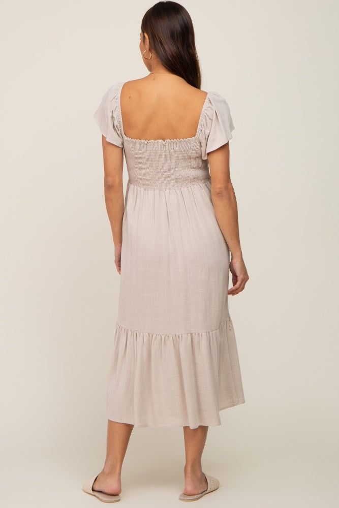 Beige Smocked Ruffle Hem Maternity Midi Dress sold by Pinkblush product image thumbnail 3