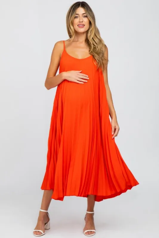Coral Pleated Maternity Midi Dress sold by Pinkblush