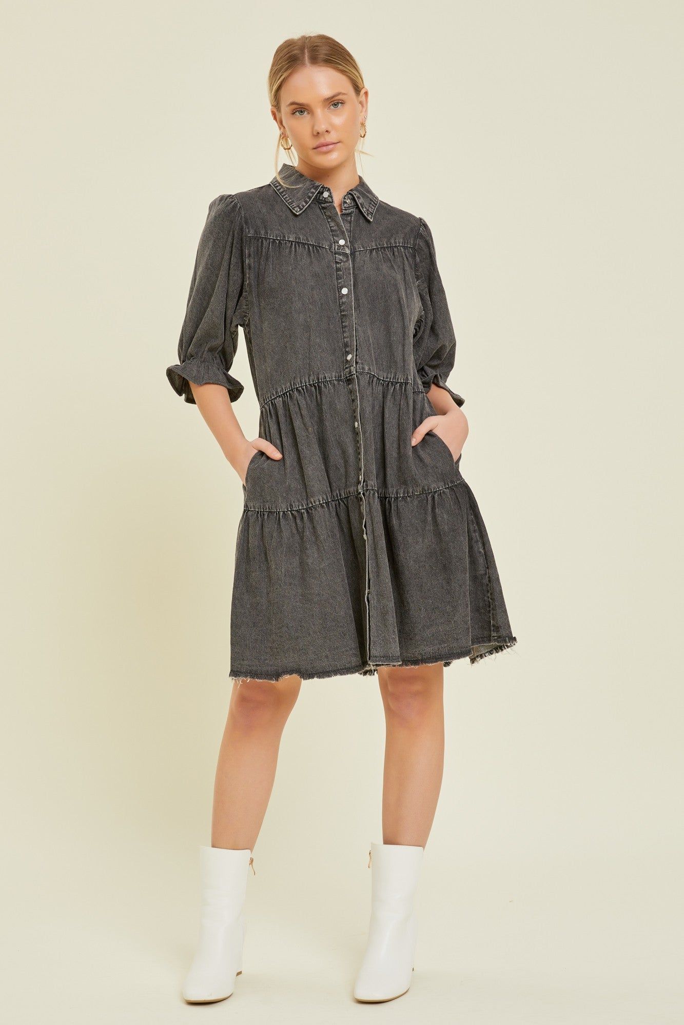 Black Chambray Tiered Shirt Dress sold by Pinkblush