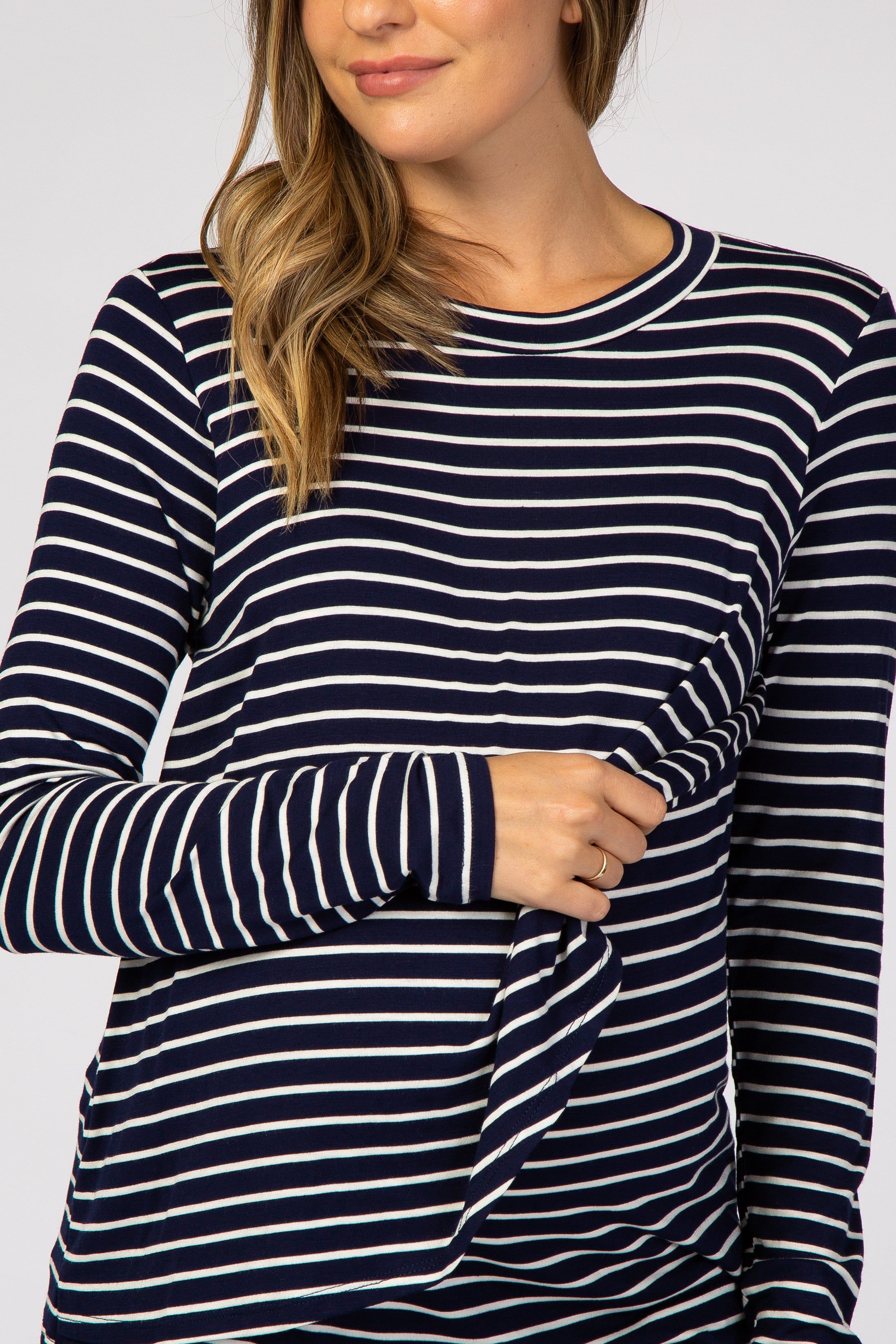 Navy Blue Striped Layered Front Long Sleeve Maternity/Nursing Top sold by Pinkblush product image thumbnail 4