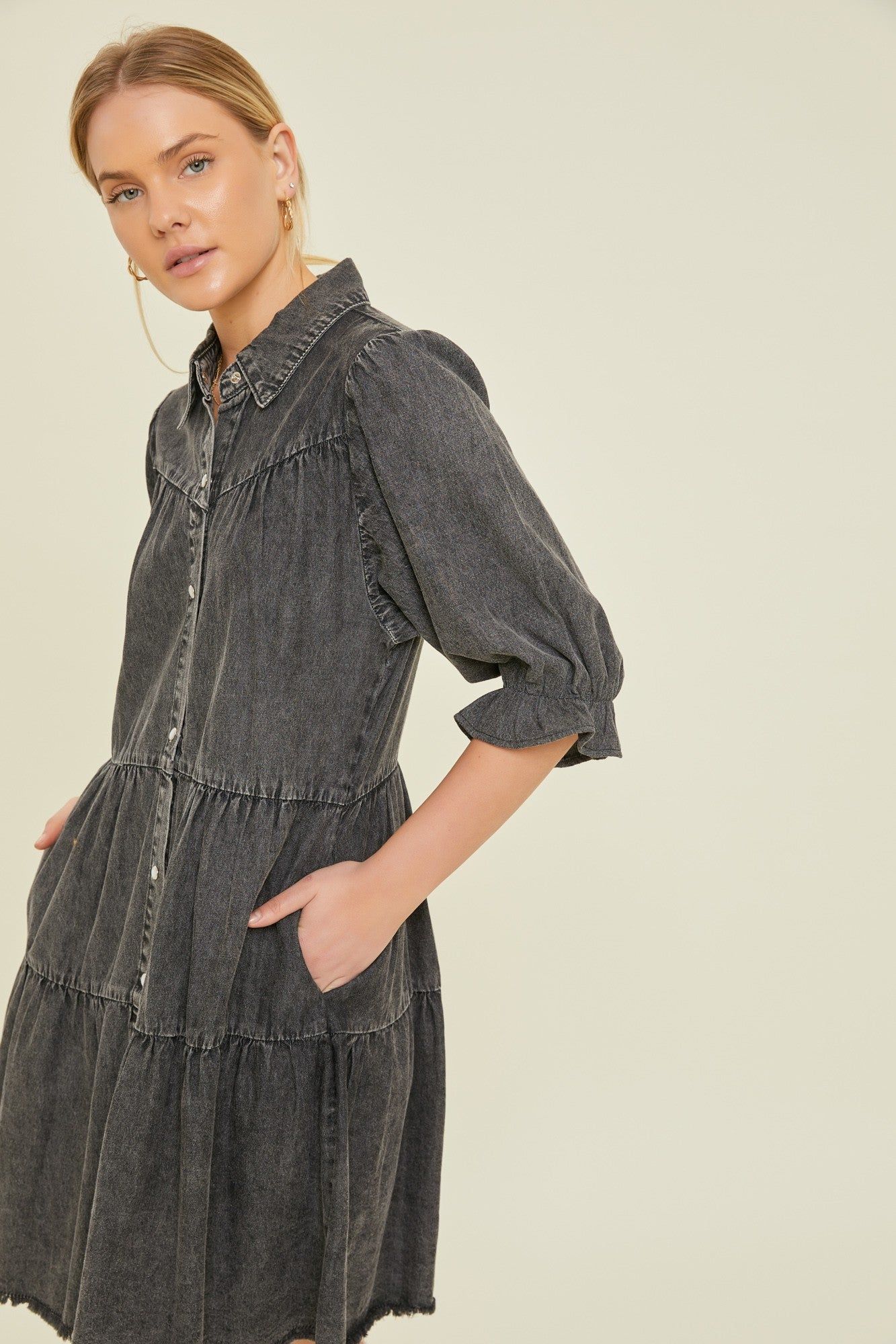 Black Chambray Tiered Shirt Dress sold by Pinkblush product image thumbnail 2