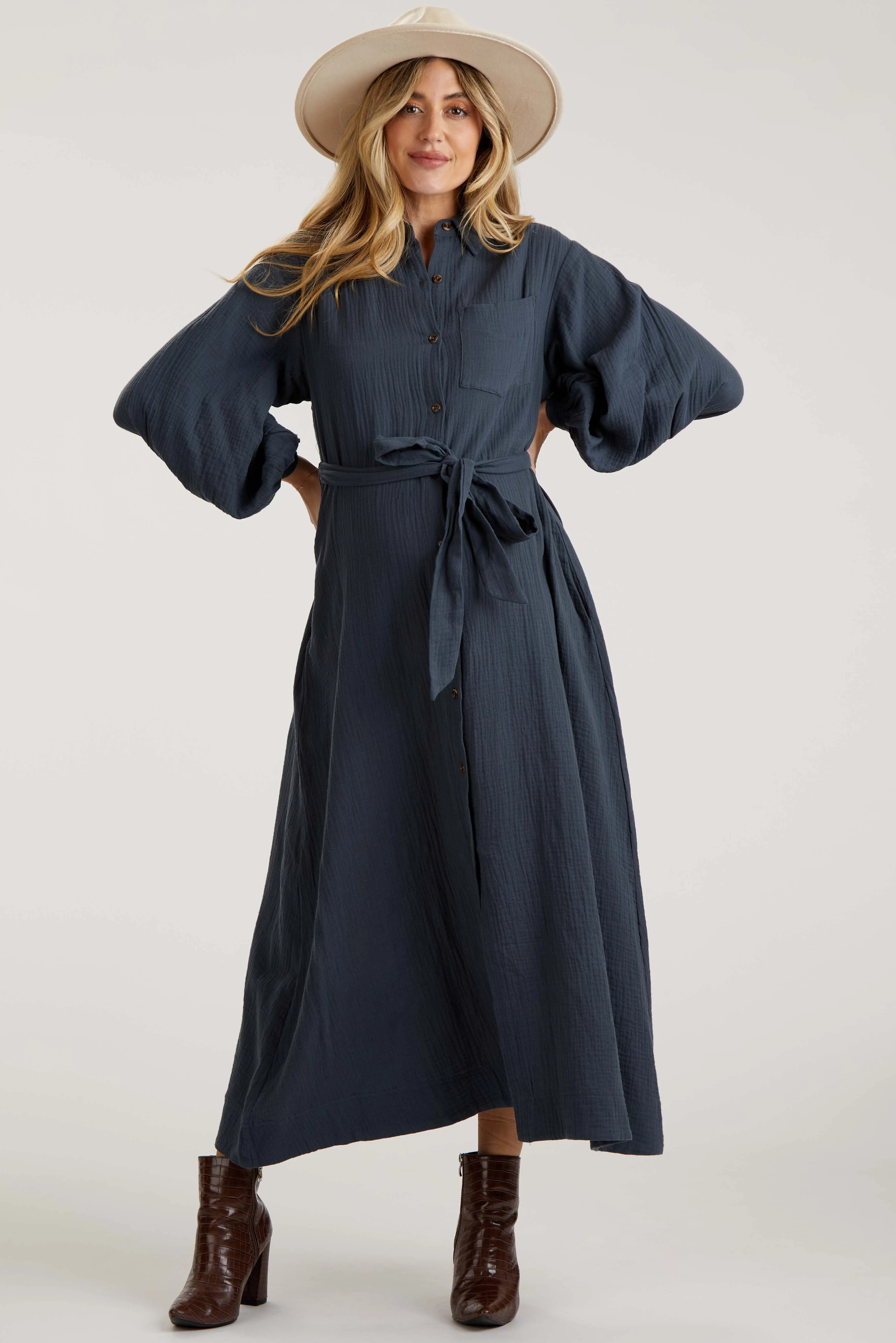 Charcoal Gauze Belted Shirt Maternity Midi Dress sold by Pinkblush product image thumbnail 4