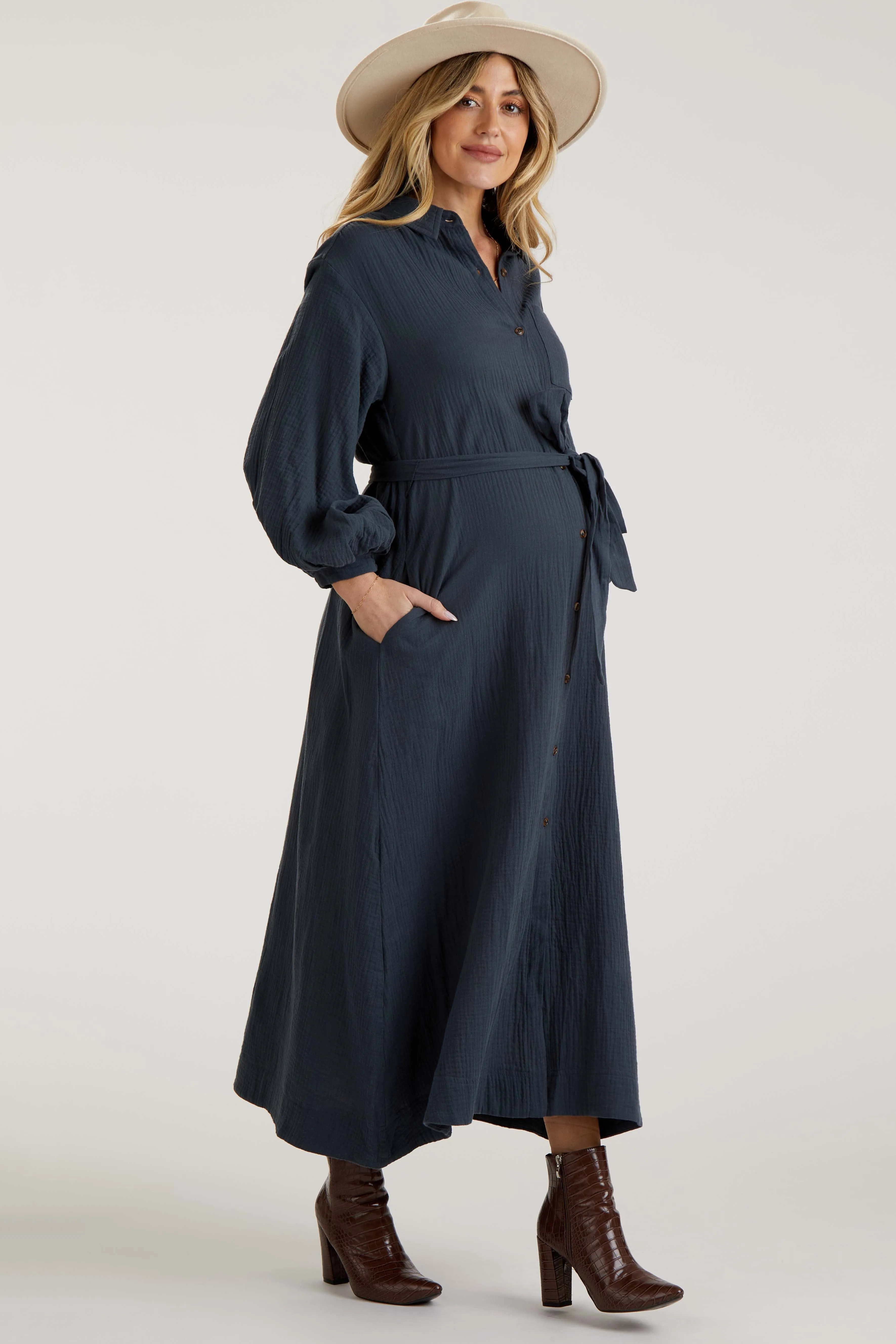Charcoal Gauze Belted Shirt Maternity Midi Dress sold by Pinkblush product image thumbnail 2