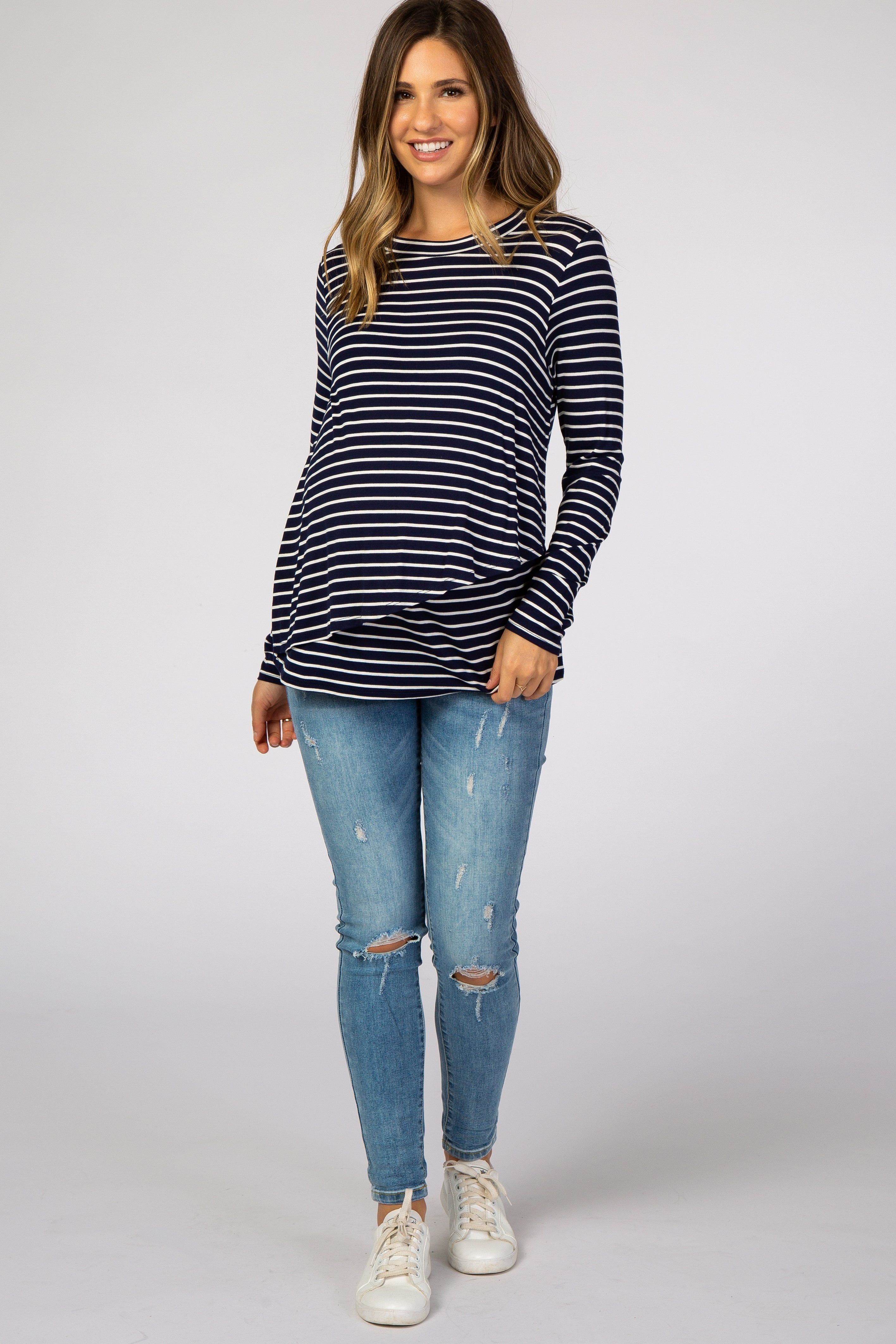 Navy Blue Striped Layered Front Long Sleeve Maternity/Nursing Top sold by Pinkblush product image thumbnail 5