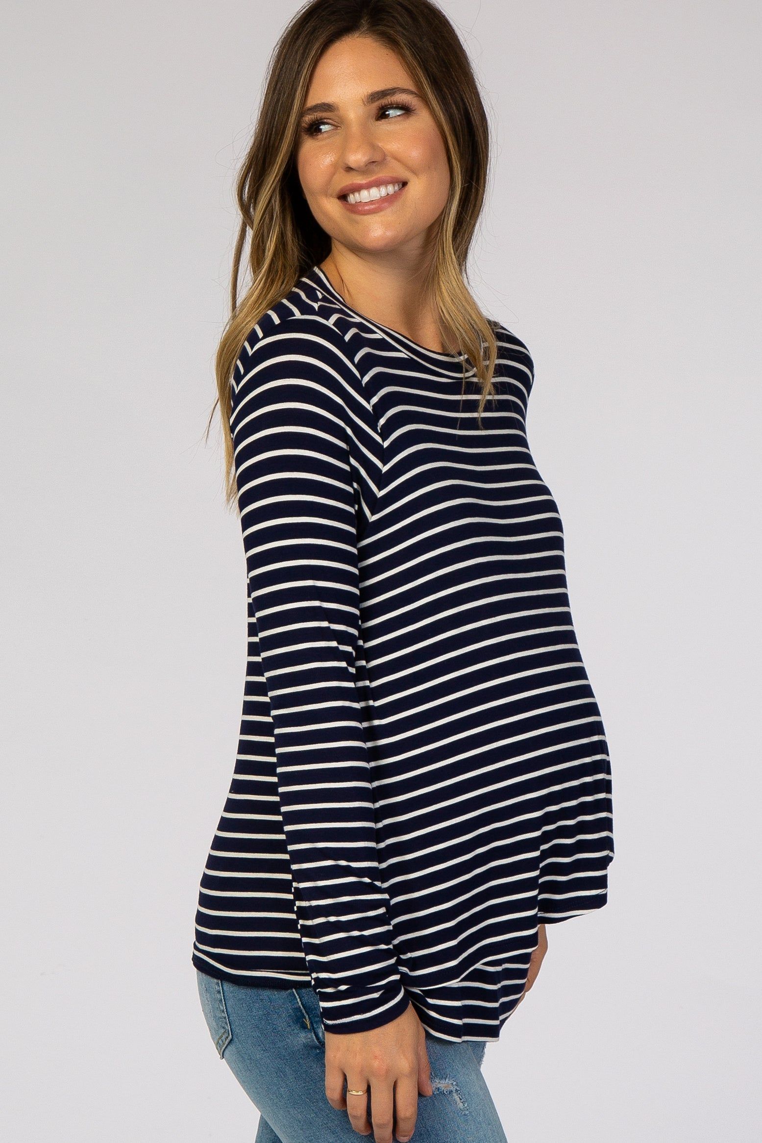 Navy Blue Striped Layered Front Long Sleeve Maternity/Nursing Top sold by Pinkblush product image thumbnail 2