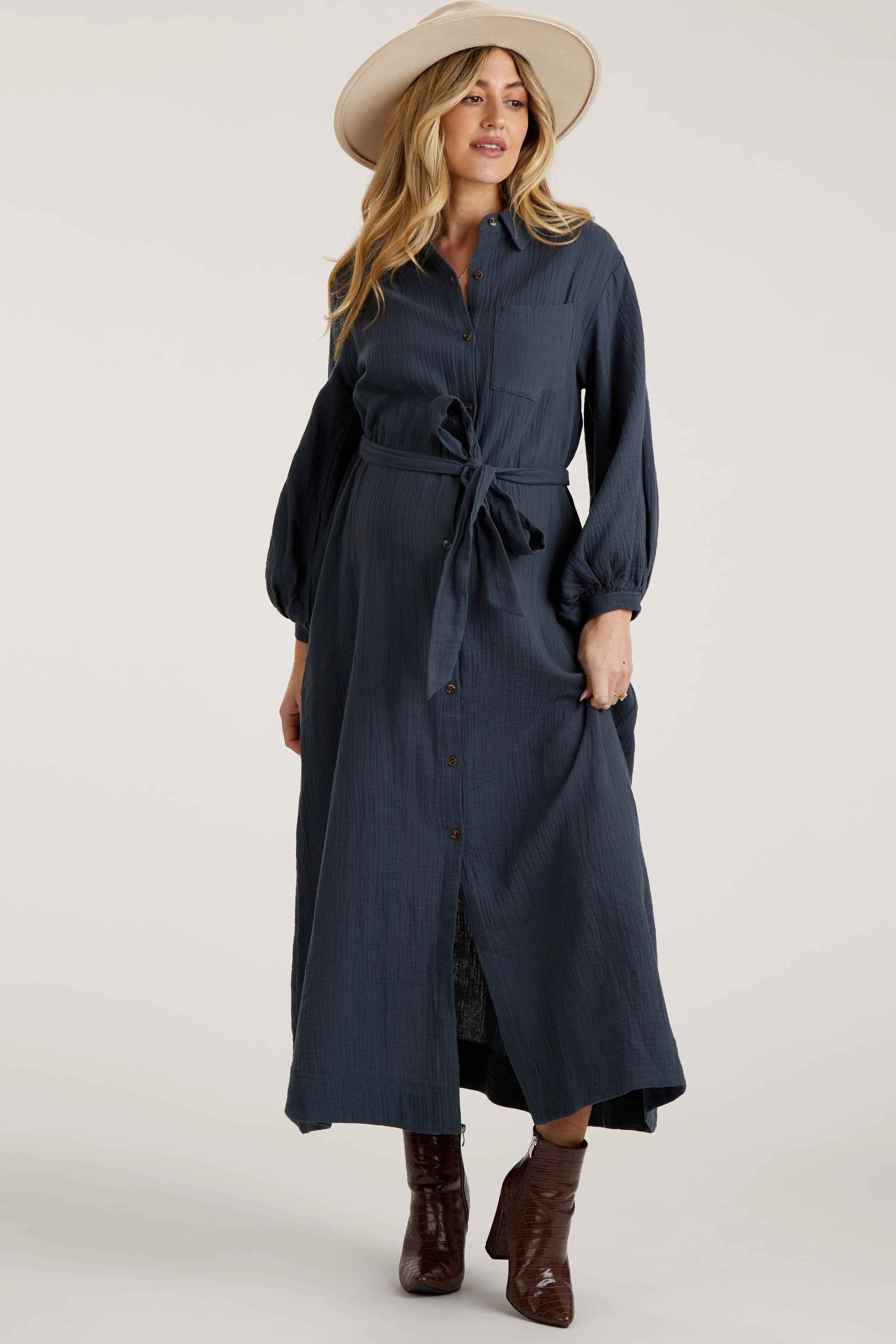 Charcoal Gauze Belted Shirt Maternity Midi Dress sold by Pinkblush
