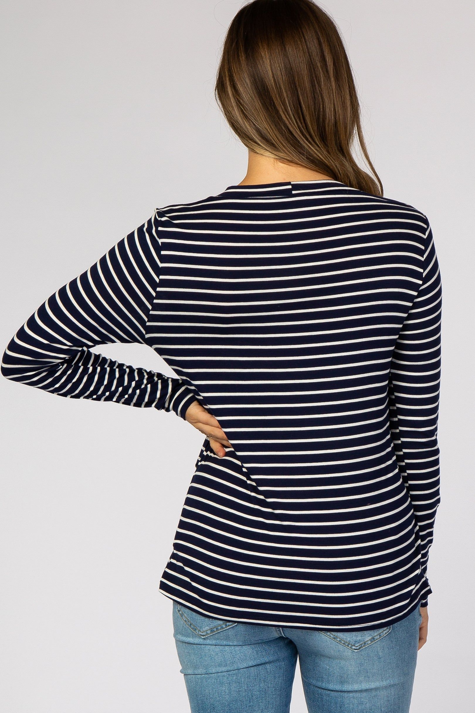 Navy Blue Striped Layered Front Long Sleeve Maternity/Nursing Top sold by Pinkblush product image thumbnail 3
