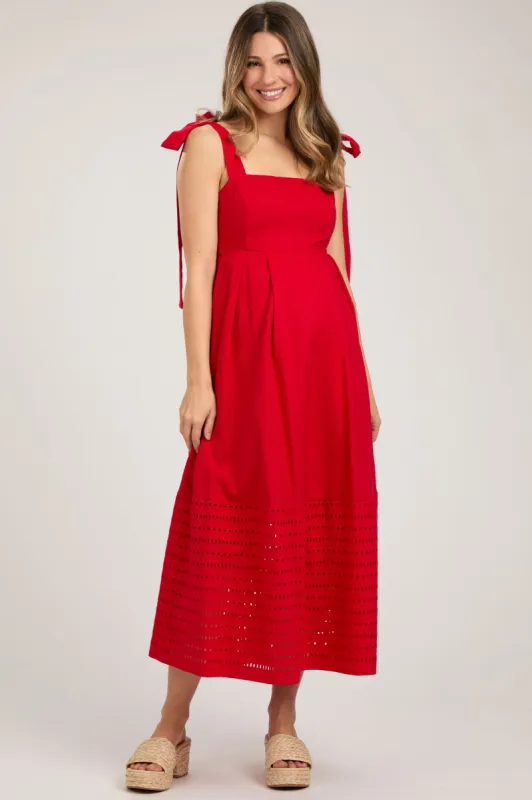 Red Linen Square Neck Shoulder Tie Eyelet Hem Maternity Midi Dress sold by Pinkblush