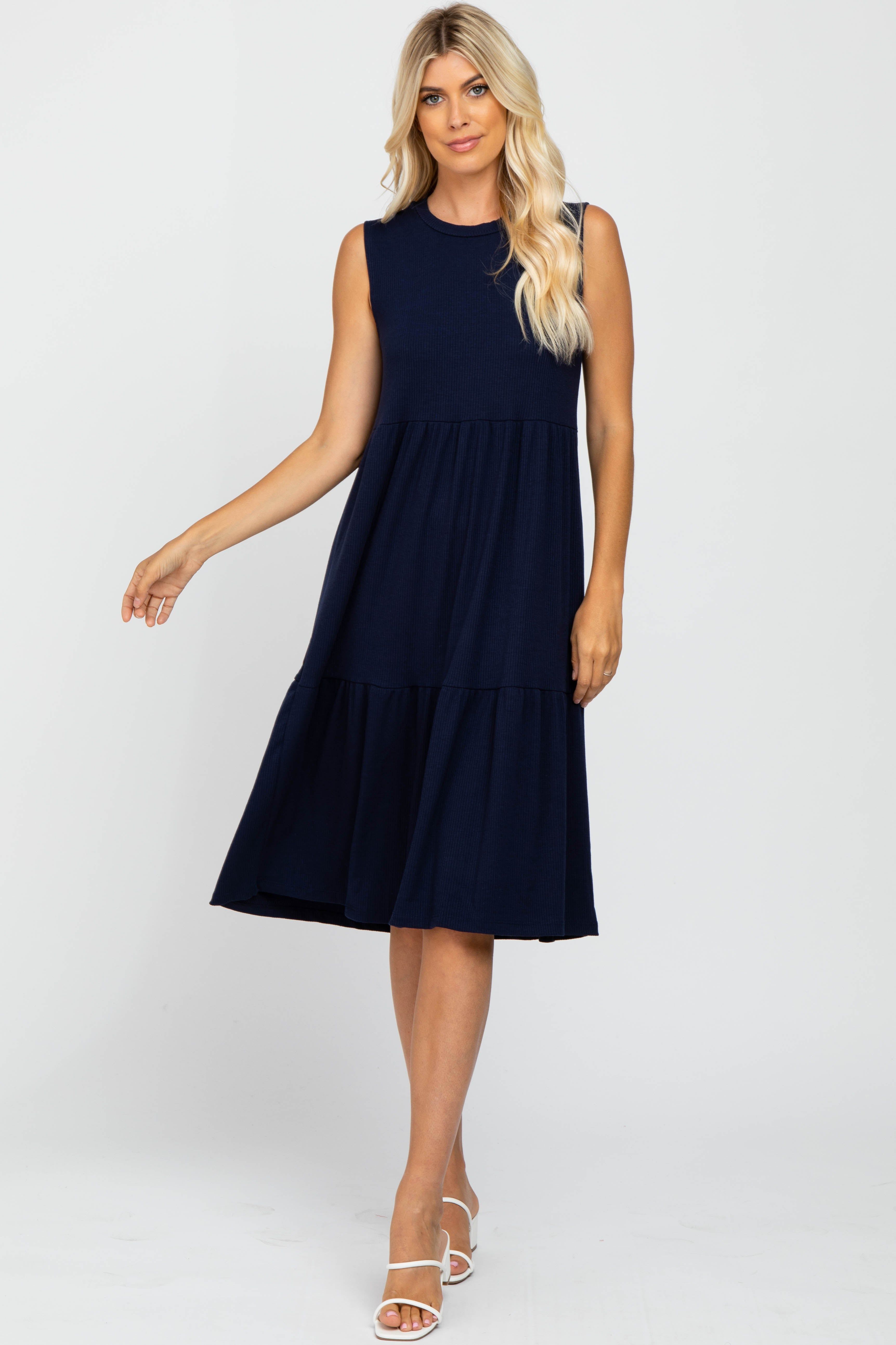 Navy Ribbed Sleeveless Midi Dress sold by Pinkblush