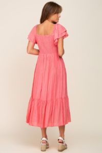 Coral Flutter Sleeve Midi Dress sold by Pinkblush