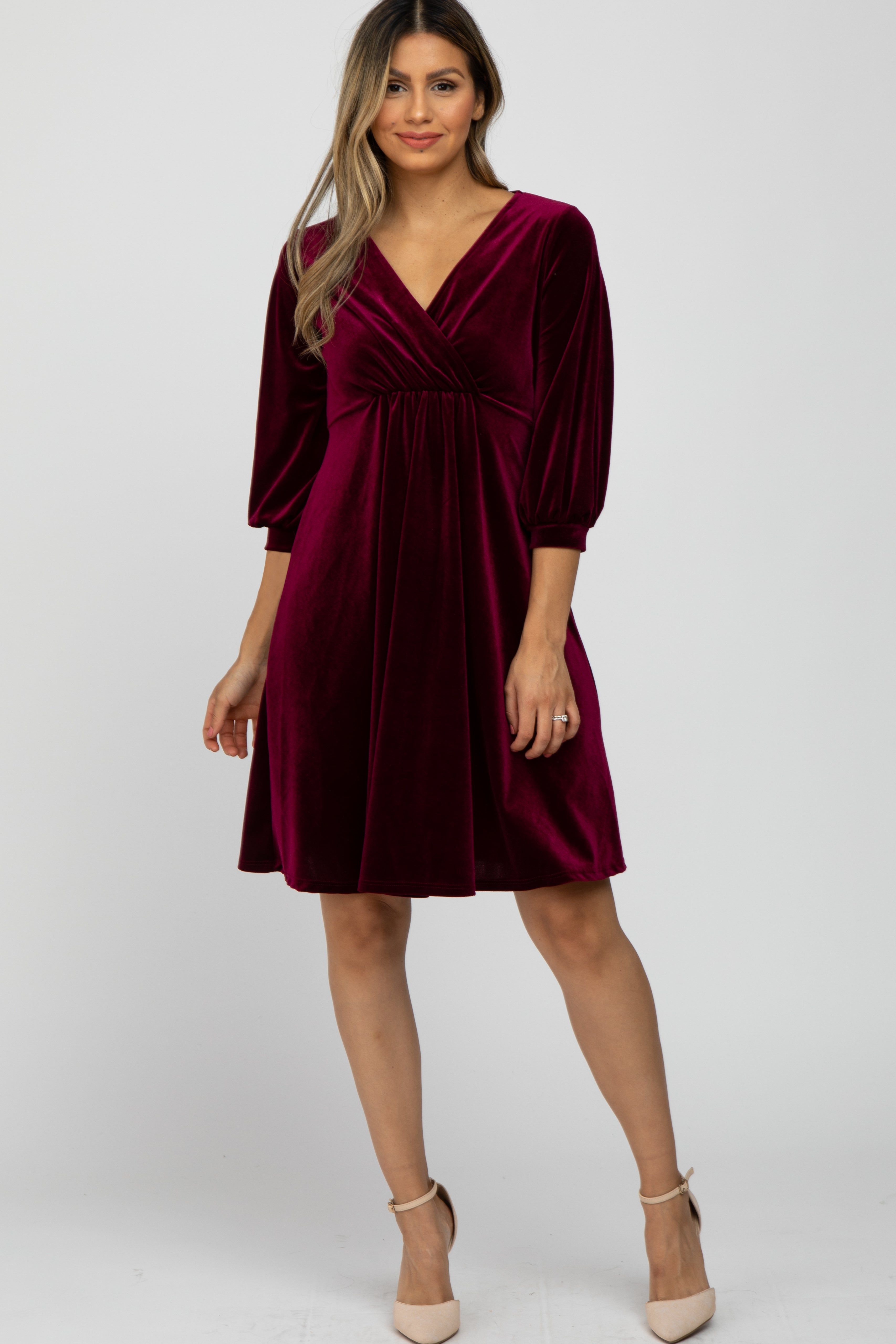 Burgundy Velvet Wrap Front Babydoll Dress sold by Pinkblush product image thumbnail 2