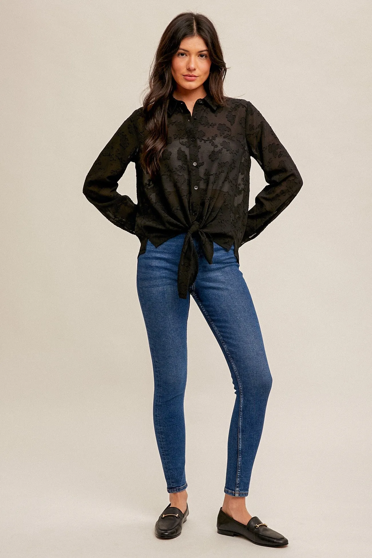 Black Tie Waist Chiffon Jacquard Button Down Blouse sold by Pinkblush product image thumbnail 4