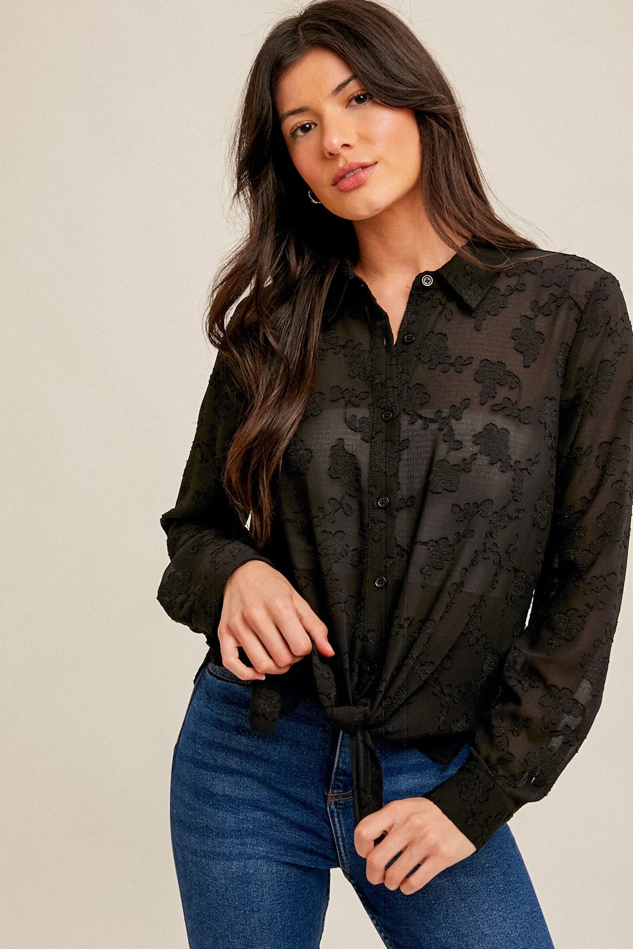 Black Tie Waist Chiffon Jacquard Button Down Blouse sold by Pinkblush