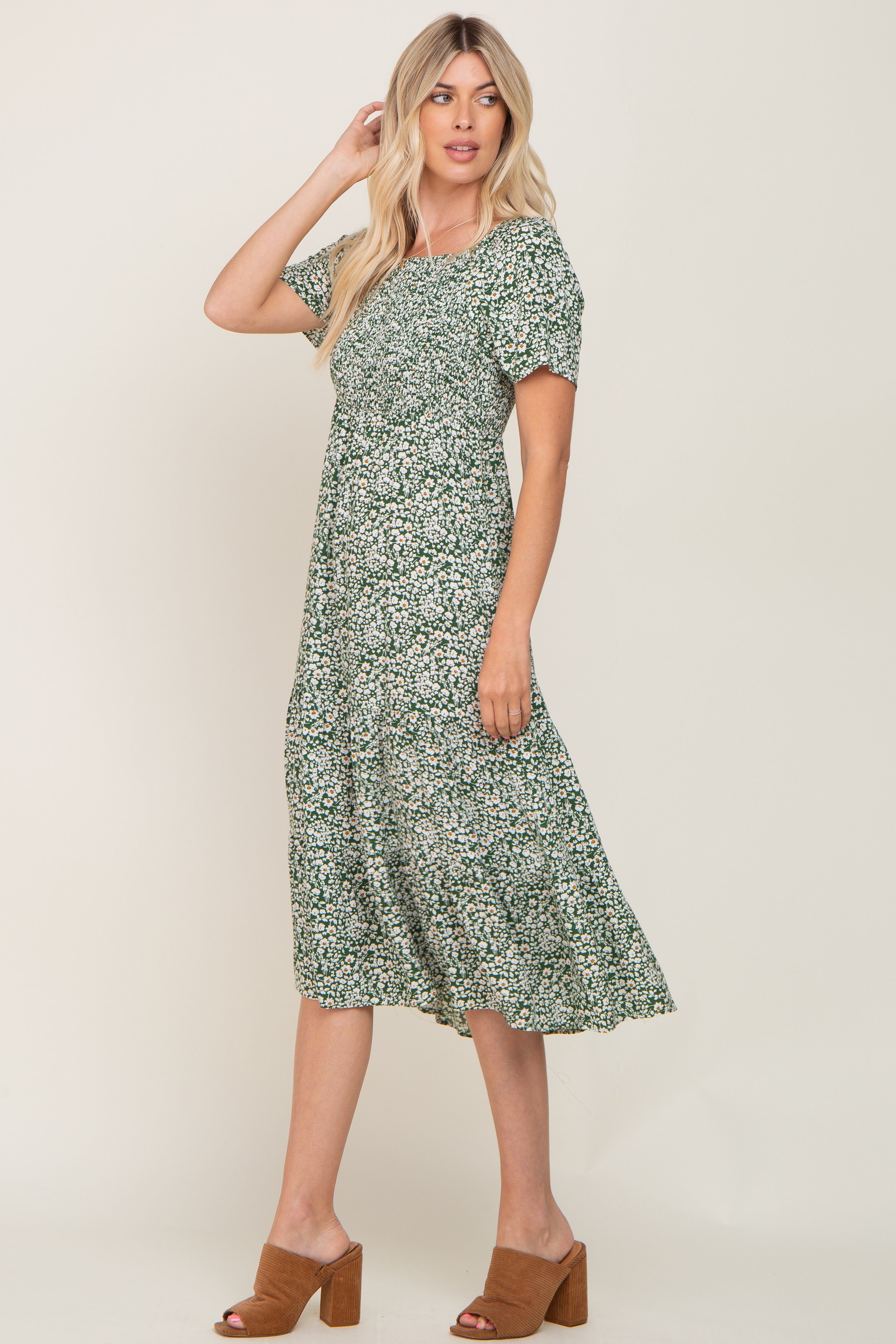 Green Floral Smocked Off Shoulder Midi Dress sold by Pinkblush product image thumbnail 2