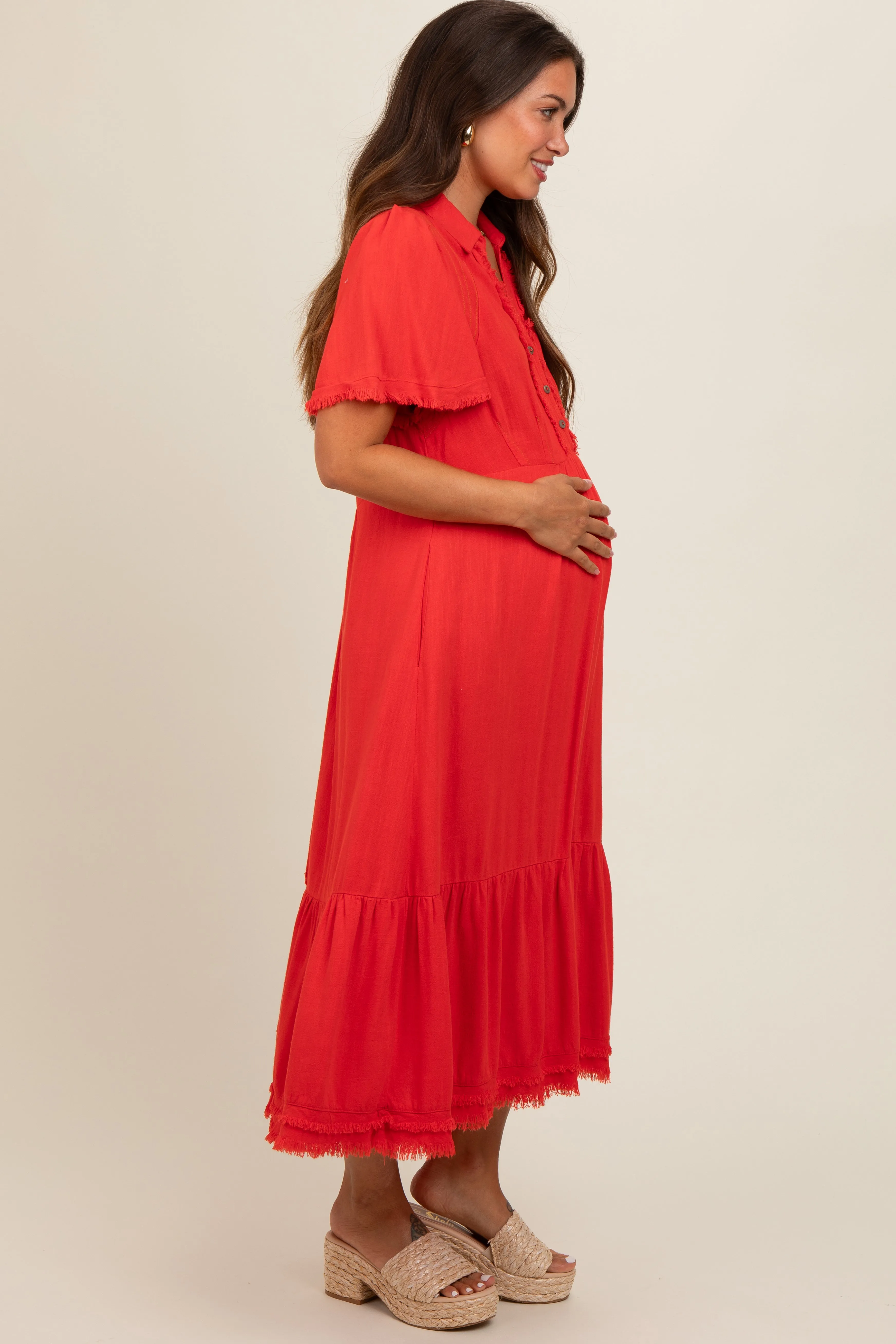 Red Collared Pocketed Maternity Midi Dress sold by Pinkblush product image thumbnail 4