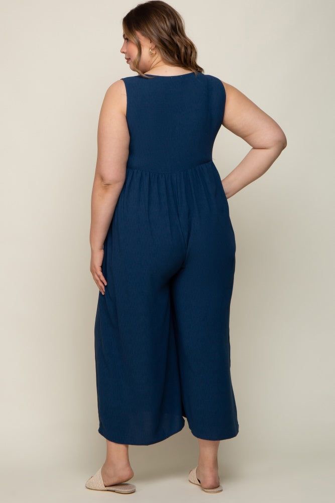 Navy Blue Button Front WIde Leg Maternity Plus Jumpsuit sold by Pinkblush product image thumbnail 3