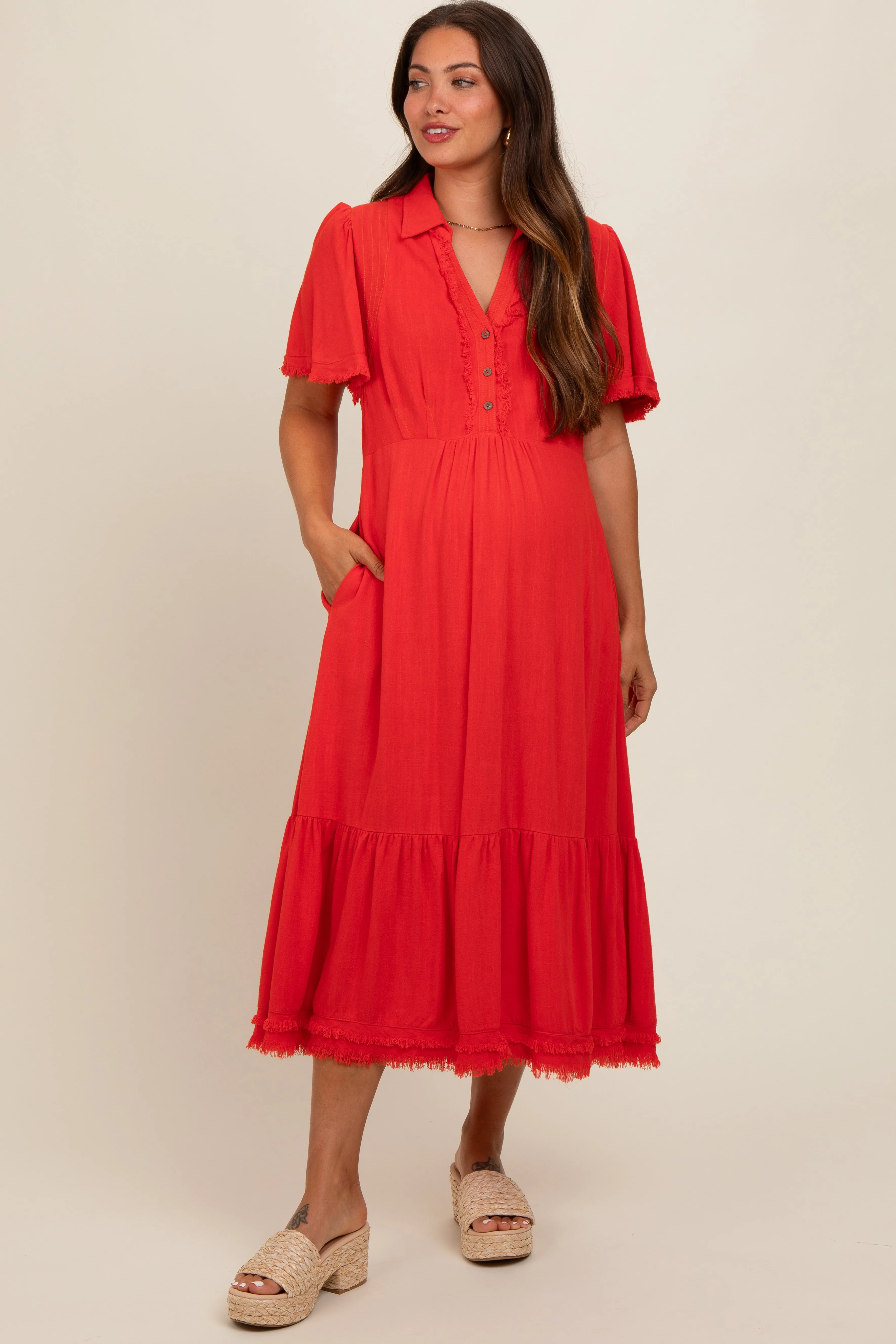 Red Collared Pocketed Maternity Midi Dress sold by Pinkblush