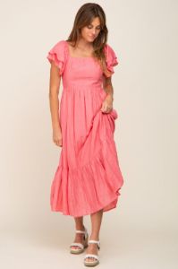 Coral Flutter Sleeve Midi Dress sold by Pinkblush