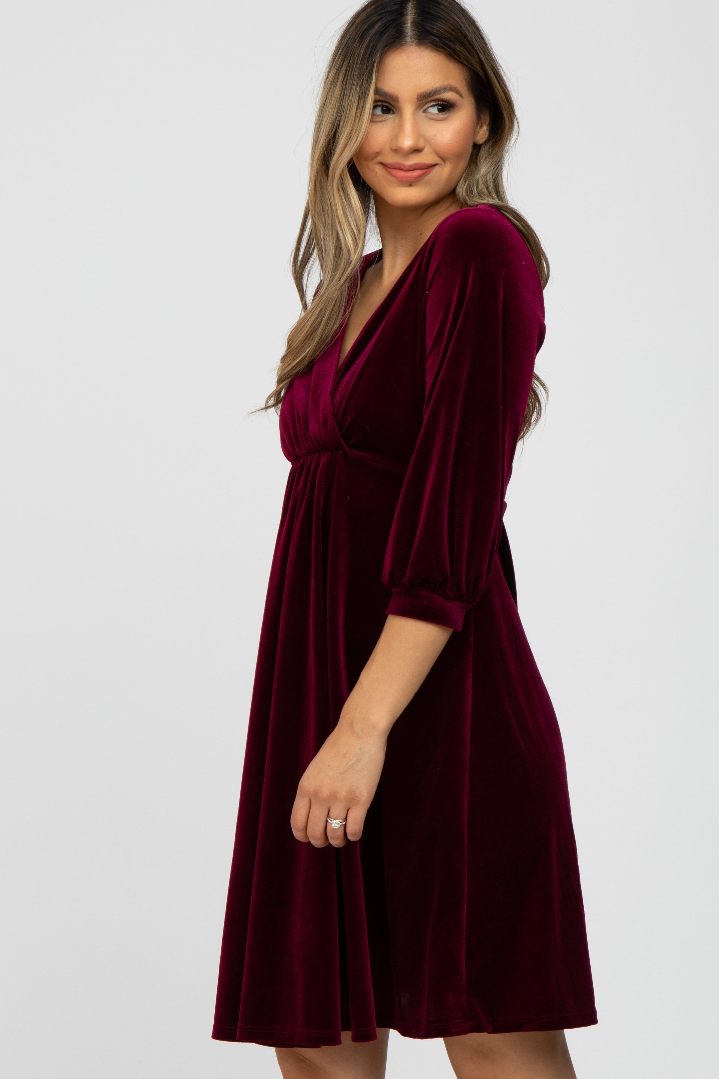 Burgundy Velvet Wrap Front Babydoll Dress sold by Pinkblush product image thumbnail 3