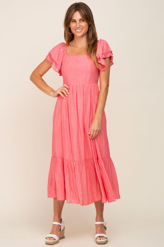 Coral Flutter Sleeve Midi Dress sold by Pinkblush
