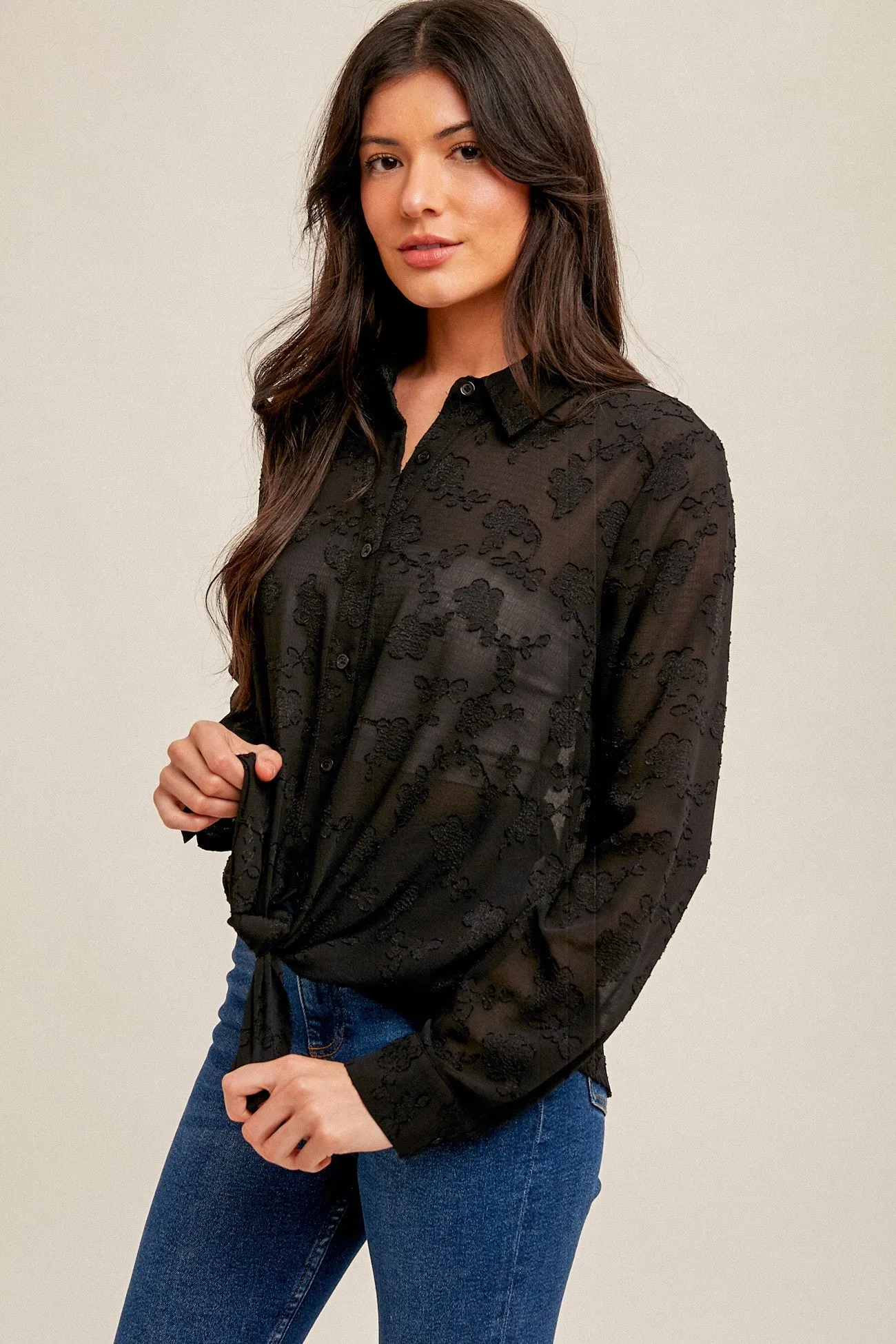 Black Tie Waist Chiffon Jacquard Button Down Blouse sold by Pinkblush product image thumbnail 2