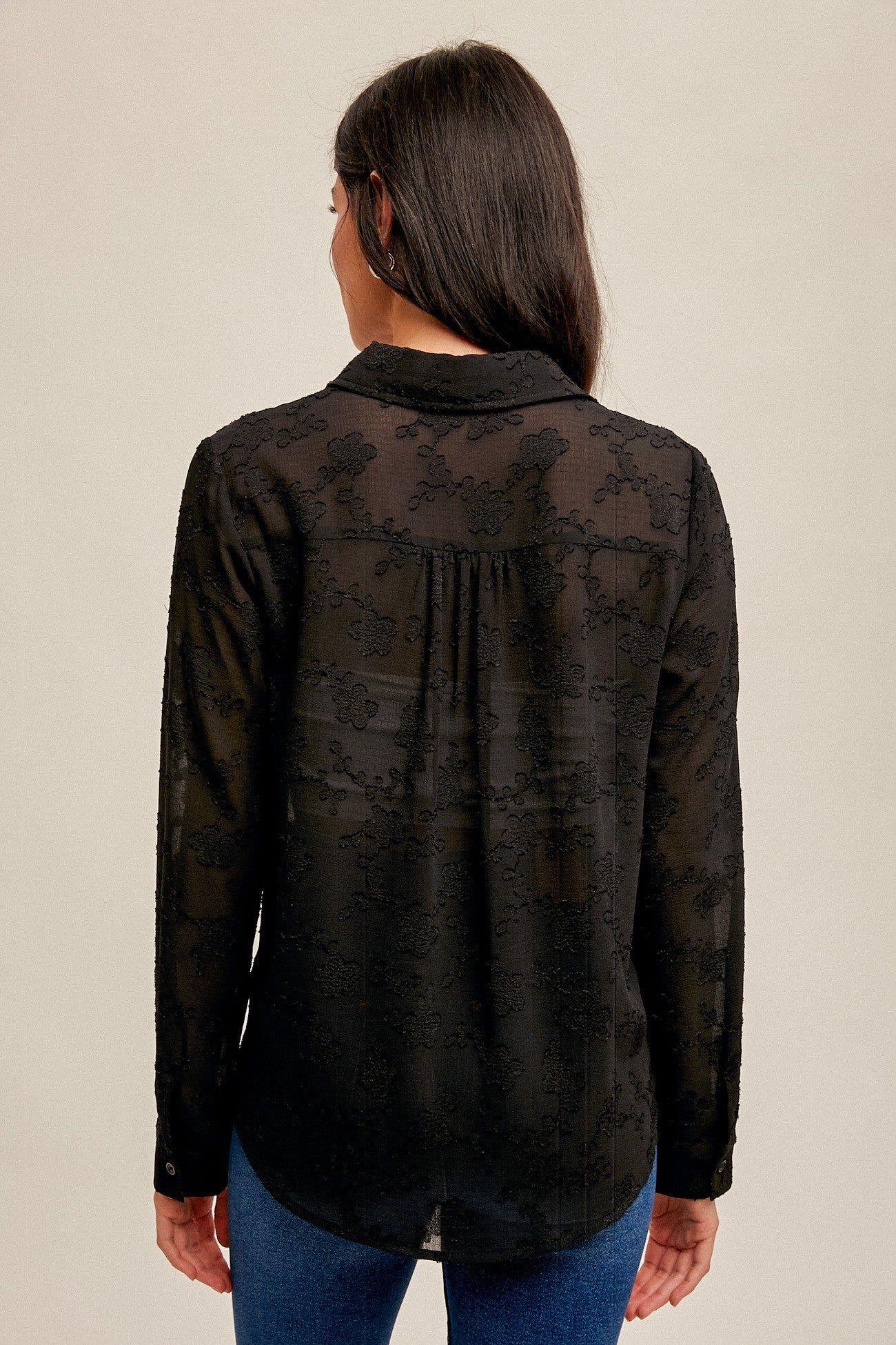 Black Tie Waist Chiffon Jacquard Button Down Blouse sold by Pinkblush product image thumbnail 3