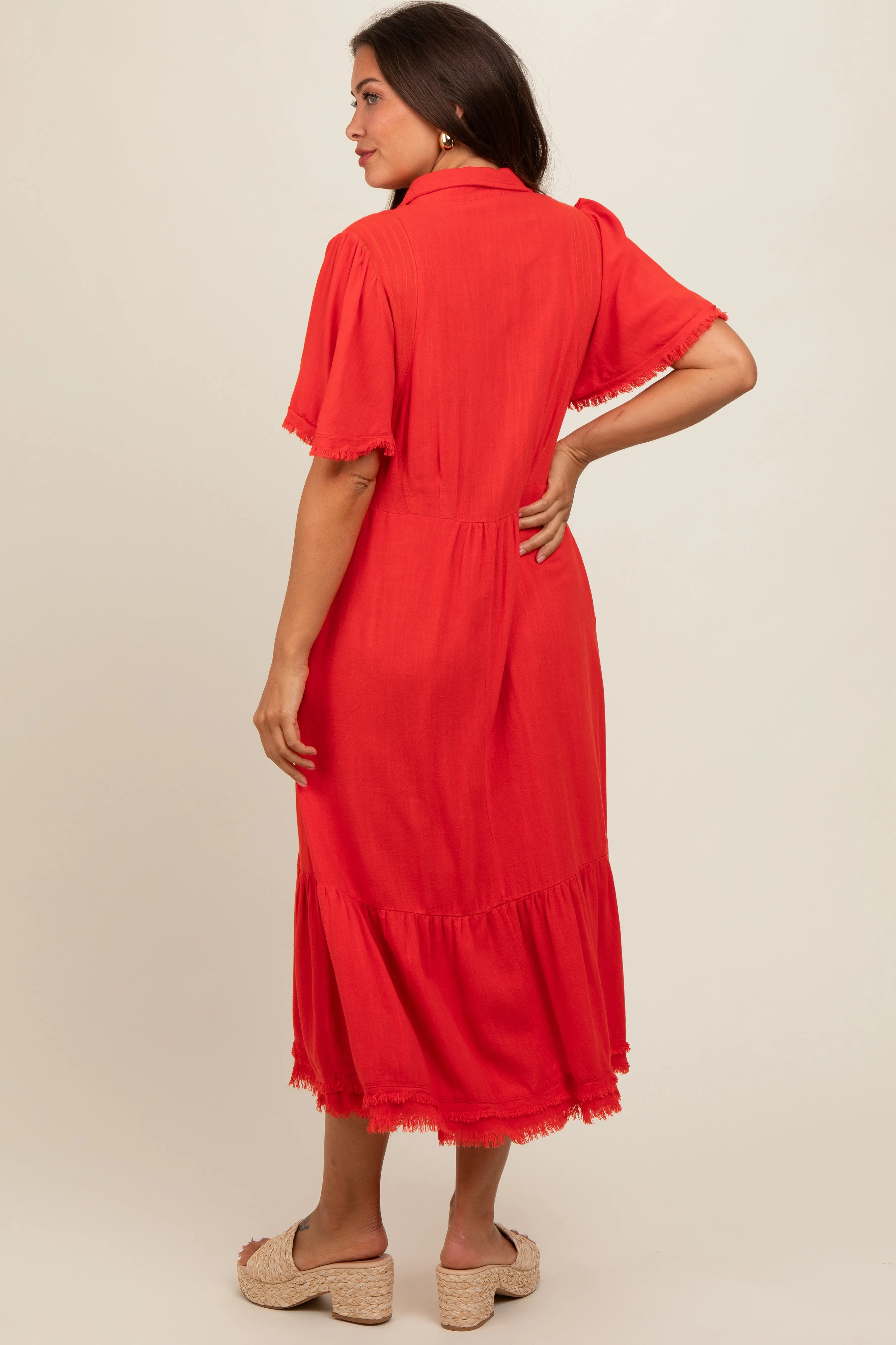 Red Collared Pocketed Maternity Midi Dress sold by Pinkblush product image thumbnail 5