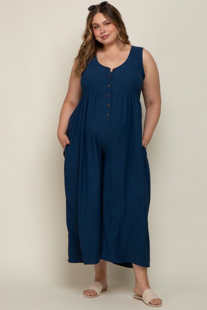 Navy Blue Button Front WIde Leg Maternity Plus Jumpsuit sold by Pinkblush product image thumbnail 4