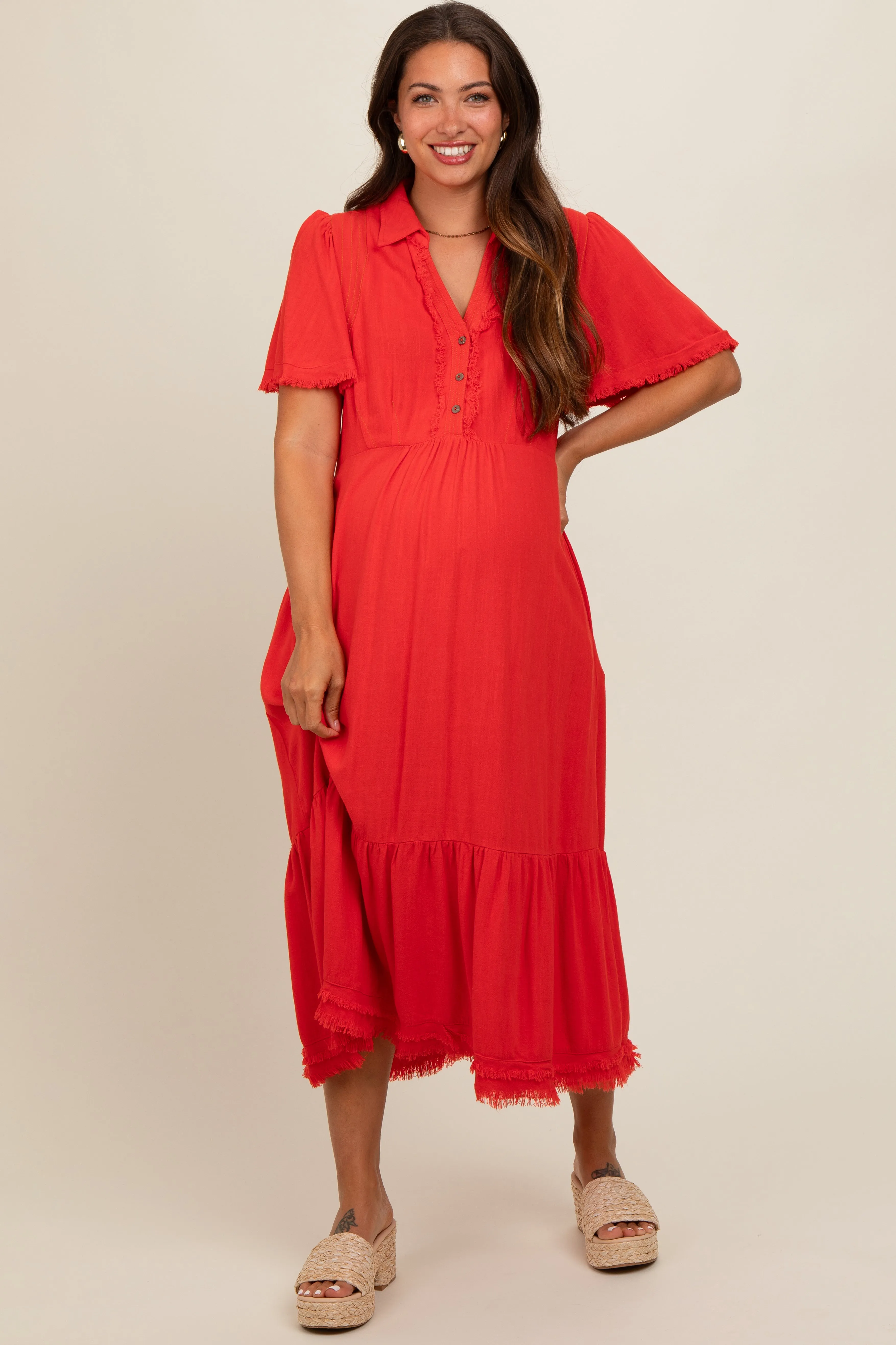 Red Collared Pocketed Maternity Midi Dress sold by Pinkblush product image thumbnail 2