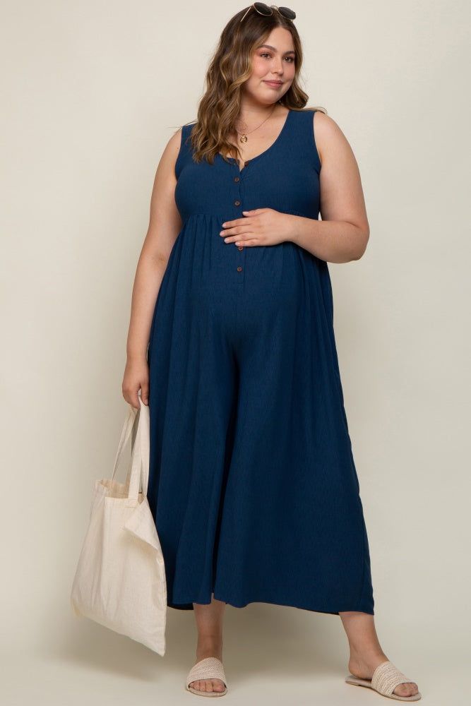 Navy Blue Button Front WIde Leg Maternity Plus Jumpsuit sold by Pinkblush