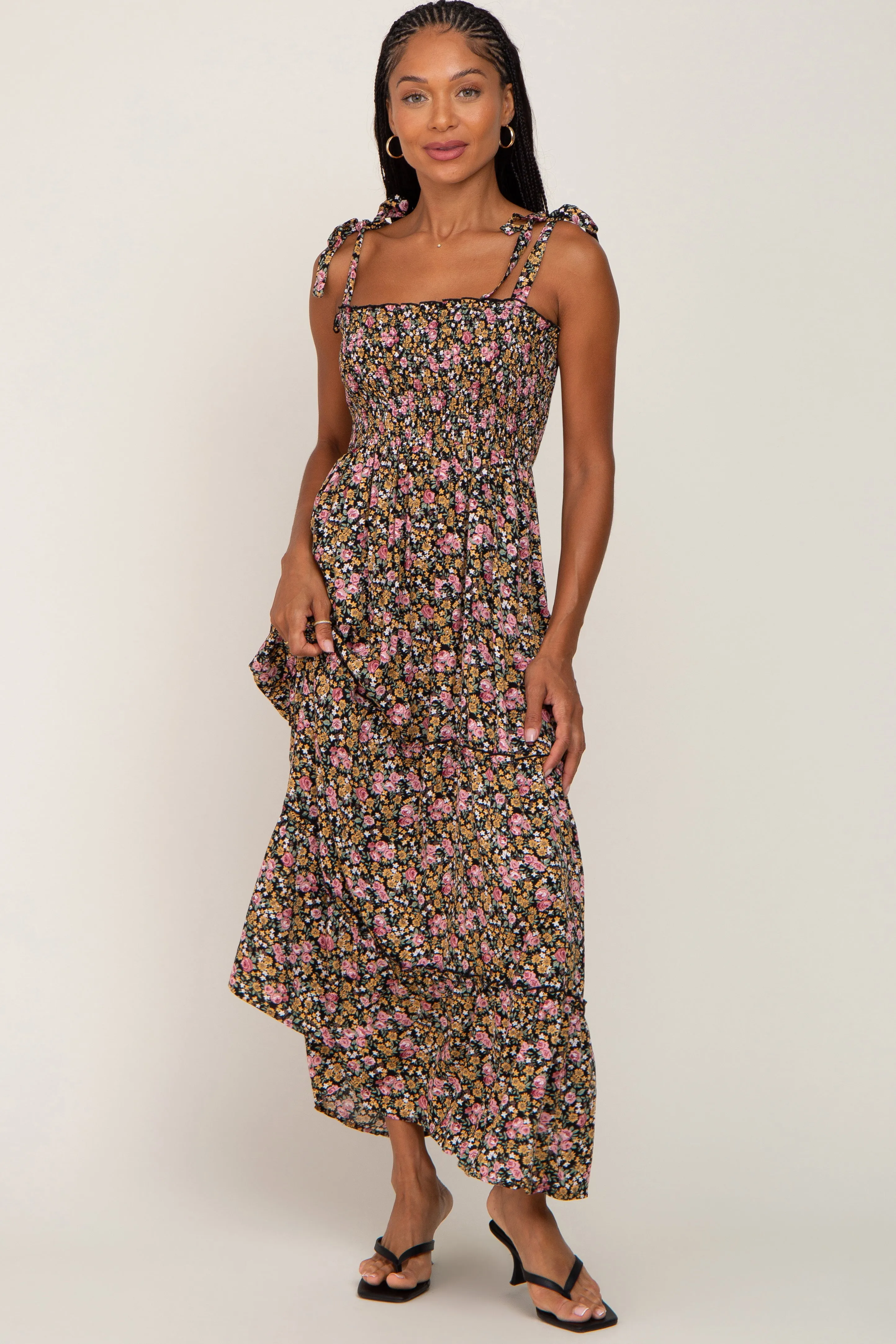 Black Multi-Color Floral Sleeveless Tiered Maxi Dress sold by Pinkblush
