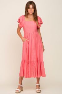 Coral Flutter Sleeve Midi Dress sold by Pinkblush