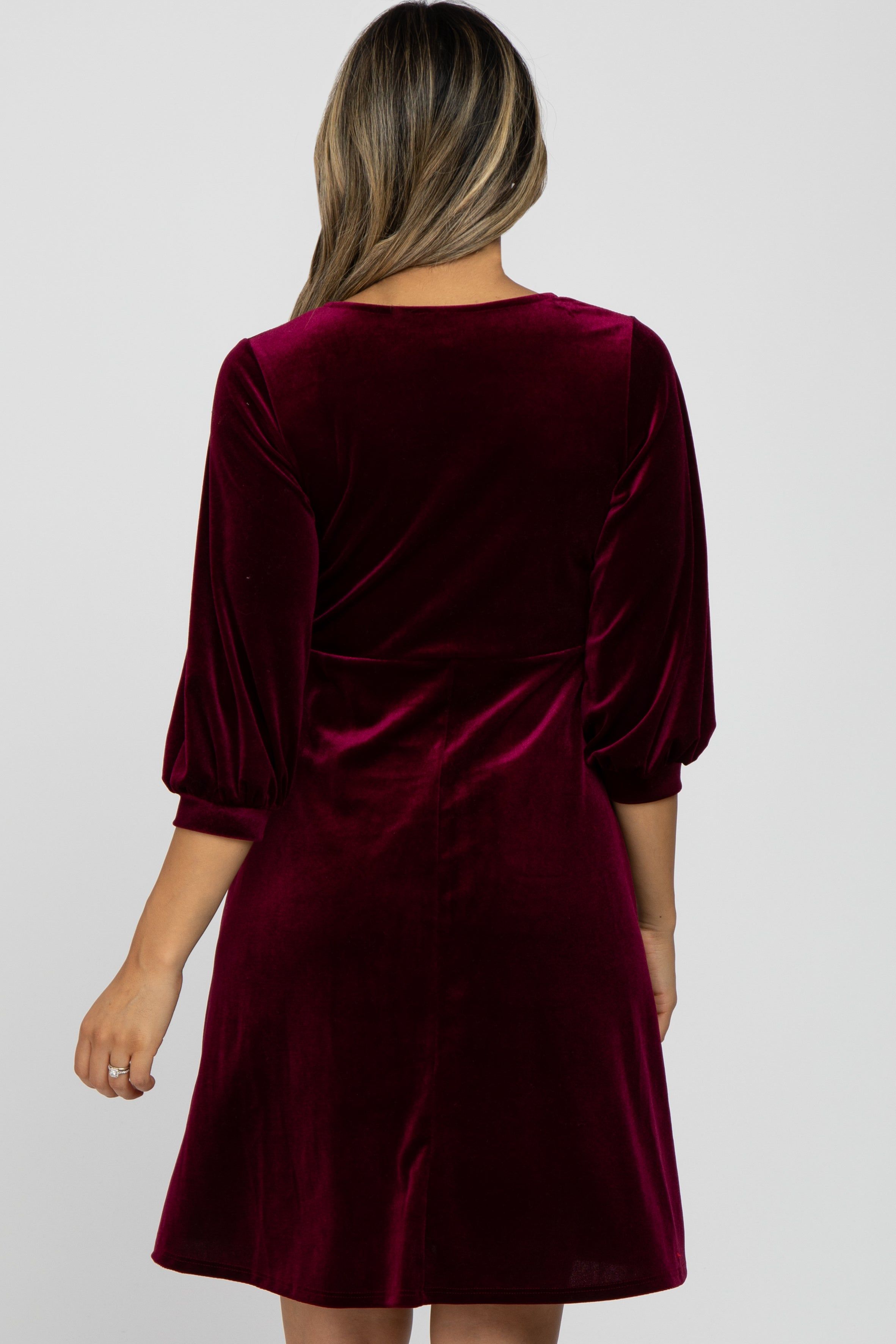 Burgundy Velvet Wrap Front Babydoll Dress sold by Pinkblush product image thumbnail 4
