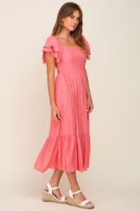 Coral Flutter Sleeve Midi Dress sold by Pinkblush