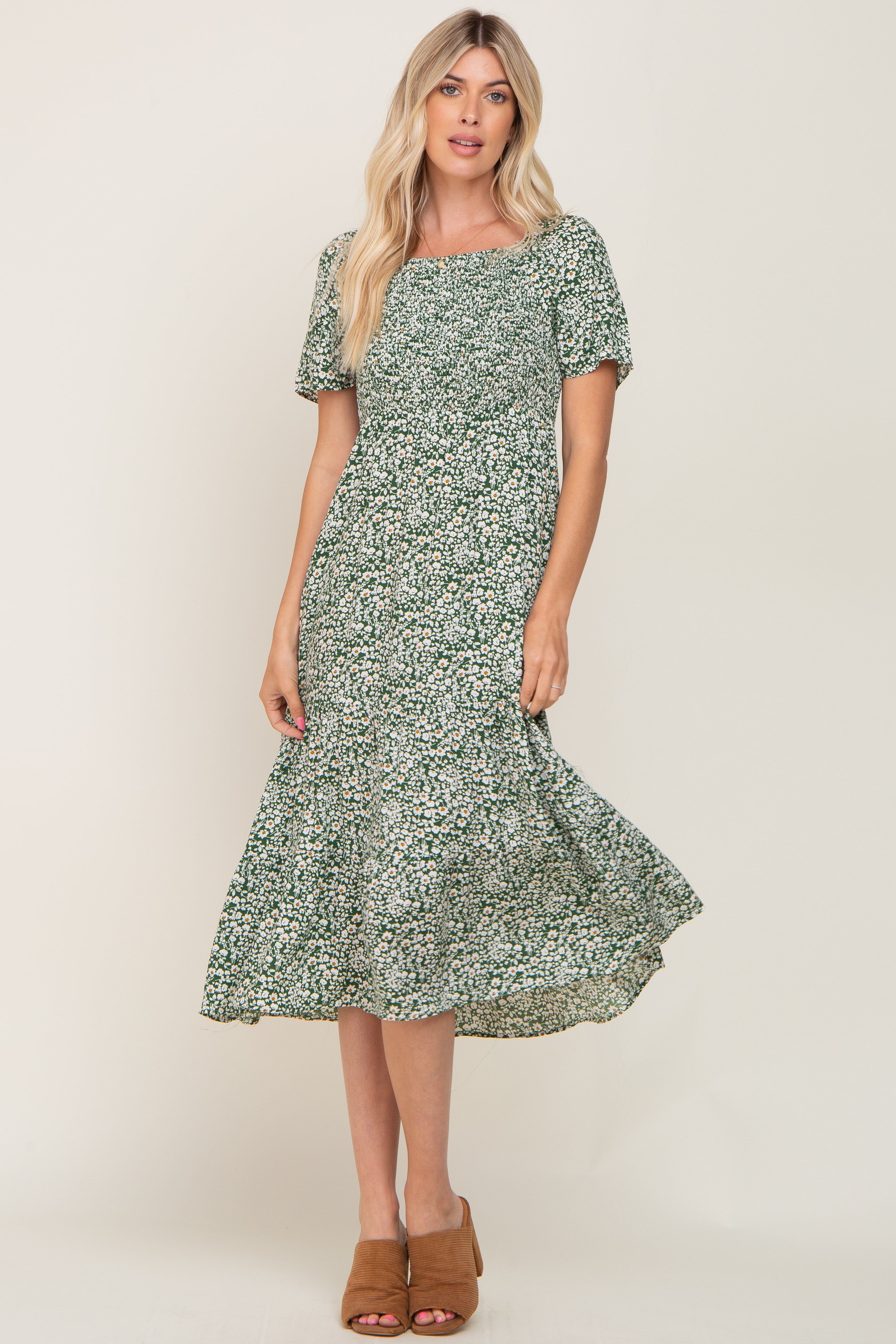 Green Floral Smocked Off Shoulder Midi Dress sold by Pinkblush product image thumbnail 4